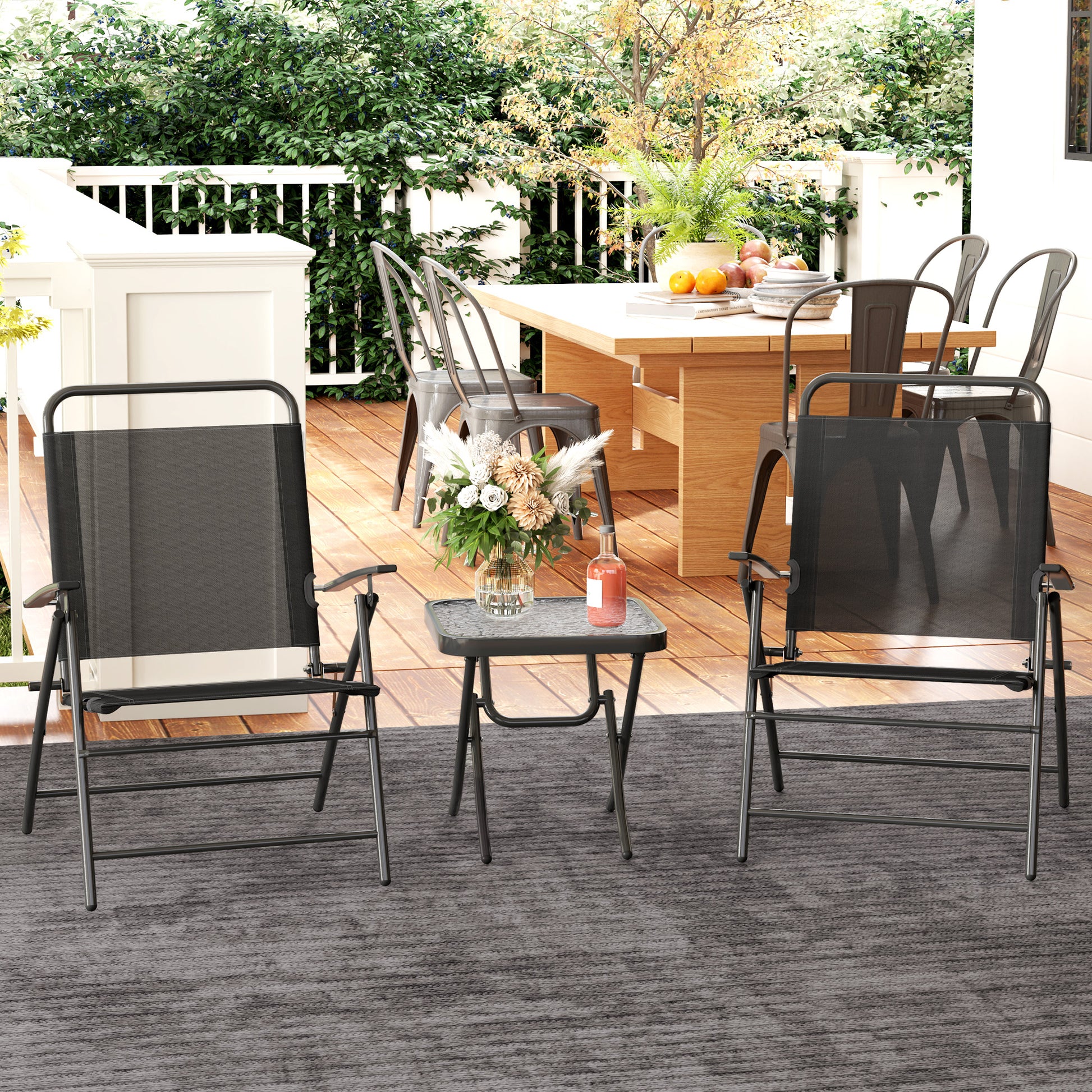 Outsunny Conjunto de Mesa y Sillas de Terraza Exterior de 3 Piezas Muebles de Jardín Exterior Plegables con Respaldo Regulable Tablero de Vidrio y Estructura de Acero Negro