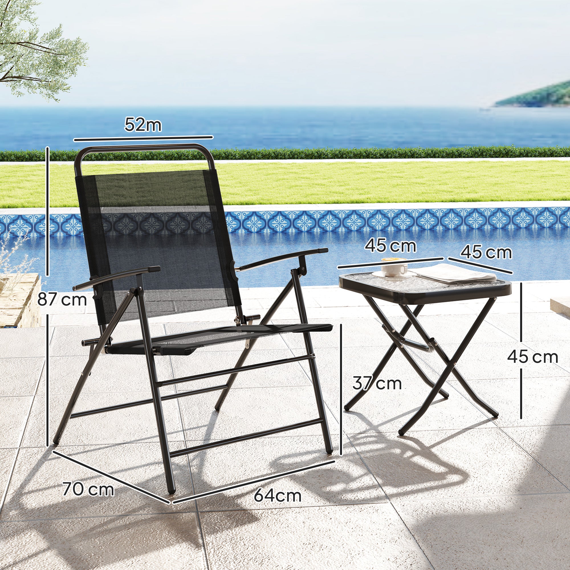 Outsunny Conjunto de Mesa y Sillas de Terraza Exterior de 3 Piezas Muebles de Jardín Exterior Plegables con Respaldo Regulable Tablero de Vidrio y Estructura de Acero Negro
