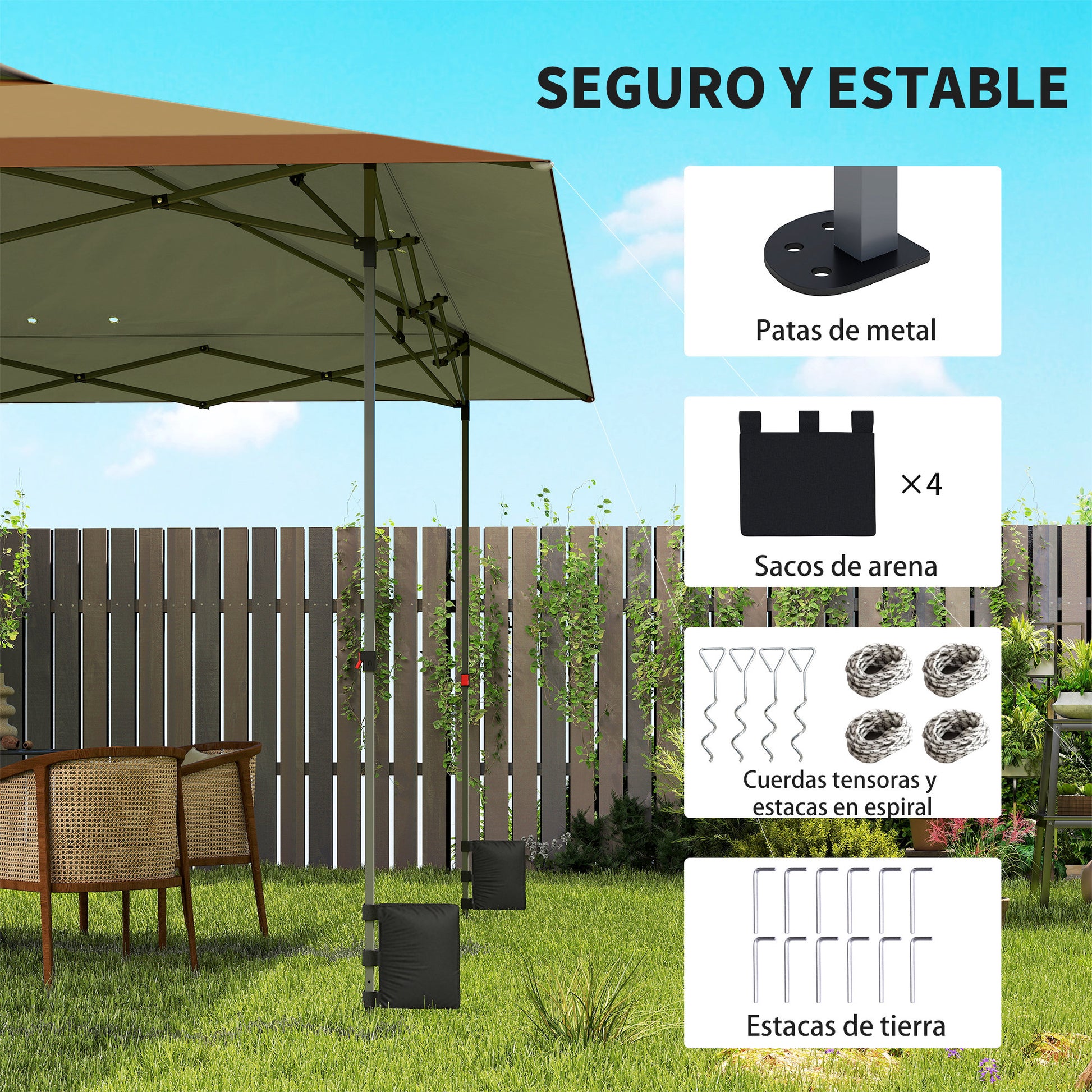 Outsunny Carpa Plegable Pop-up Gazebo 4x4 m, Cenador Plegable con Bloqueo Central, UPF50+, Altura Ajustable, 4 Bolsas de Arena y Bolsa de Transporte con Ruedas, para Camping, Fiestas, Beige y Café