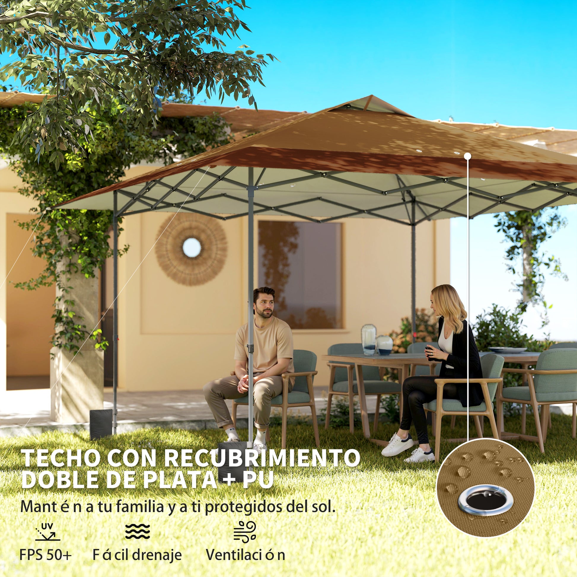 Outsunny Carpa Plegable Pop-up Gazebo 4x4 m, Cenador Plegable con Bloqueo Central, UPF50+, Altura Ajustable, 4 Bolsas de Arena y Bolsa de Transporte con Ruedas, para Camping, Fiestas, Beige y Café