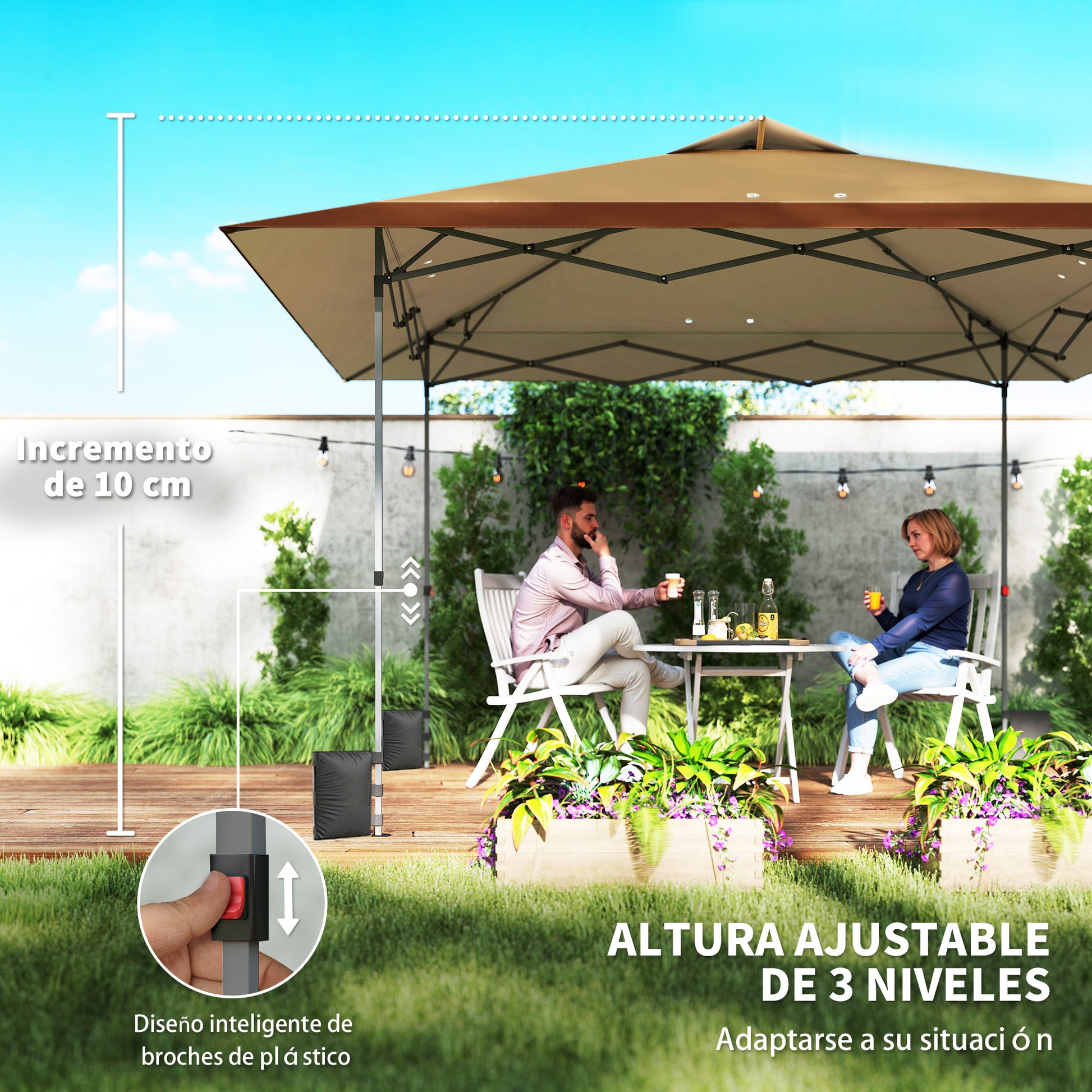 Outsunny Carpa Plegable Pop-up Gazebo 4x4 m, Cenador Plegable con Bloqueo Central, UPF50+, Altura Ajustable, 4 Bolsas de Arena y Bolsa de Transporte con Ruedas, para Camping, Fiestas, Beige y Café