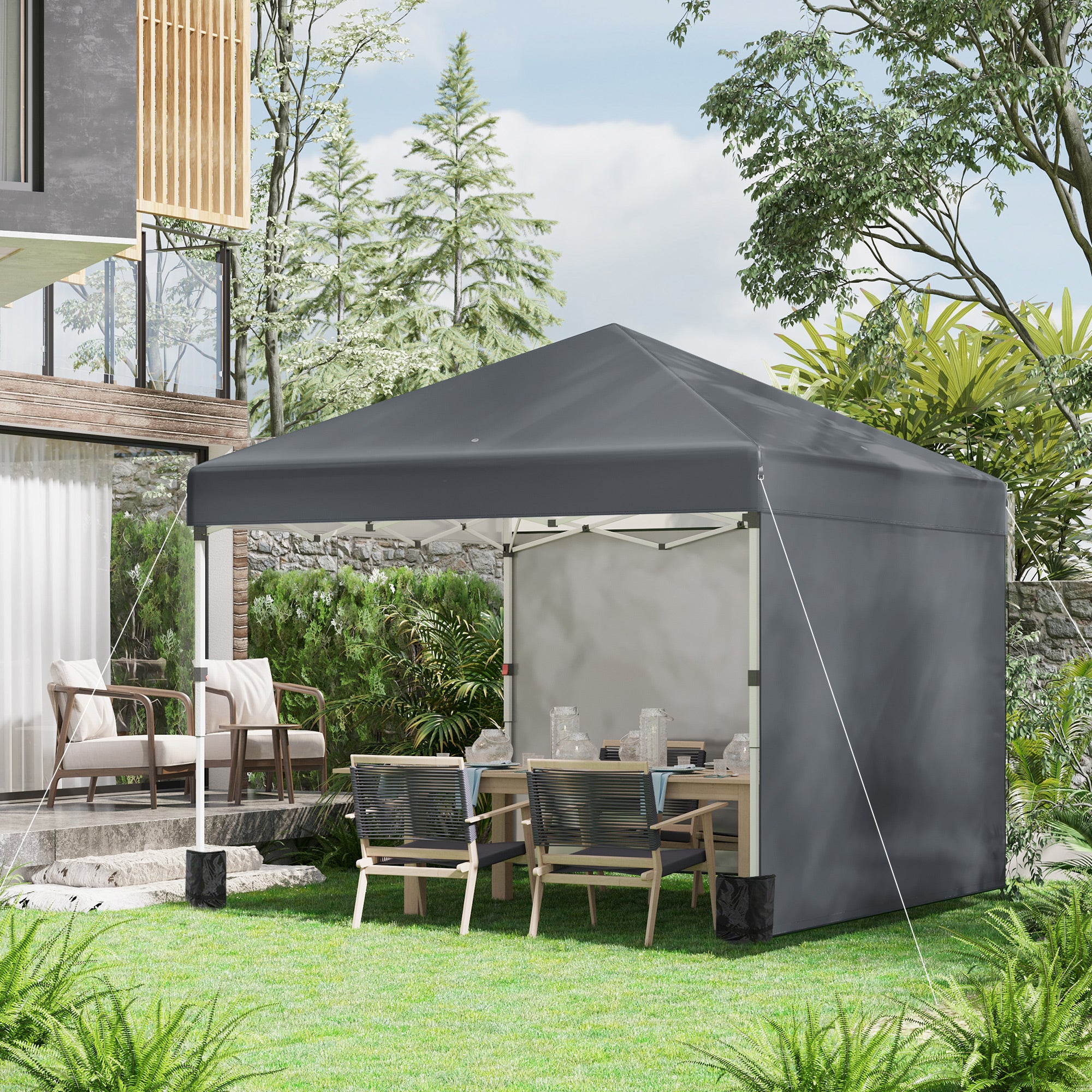 Outsunny Carpa Plegable Pop-up Gazebo 3x3 m Cenador Plegable con 2 Paredes Laterales Anti-UV Altura Ajustable en 3 Niveles Sacos de Arena y Bolsa de Transporte con Ruedas para Camping Gris Oscuro