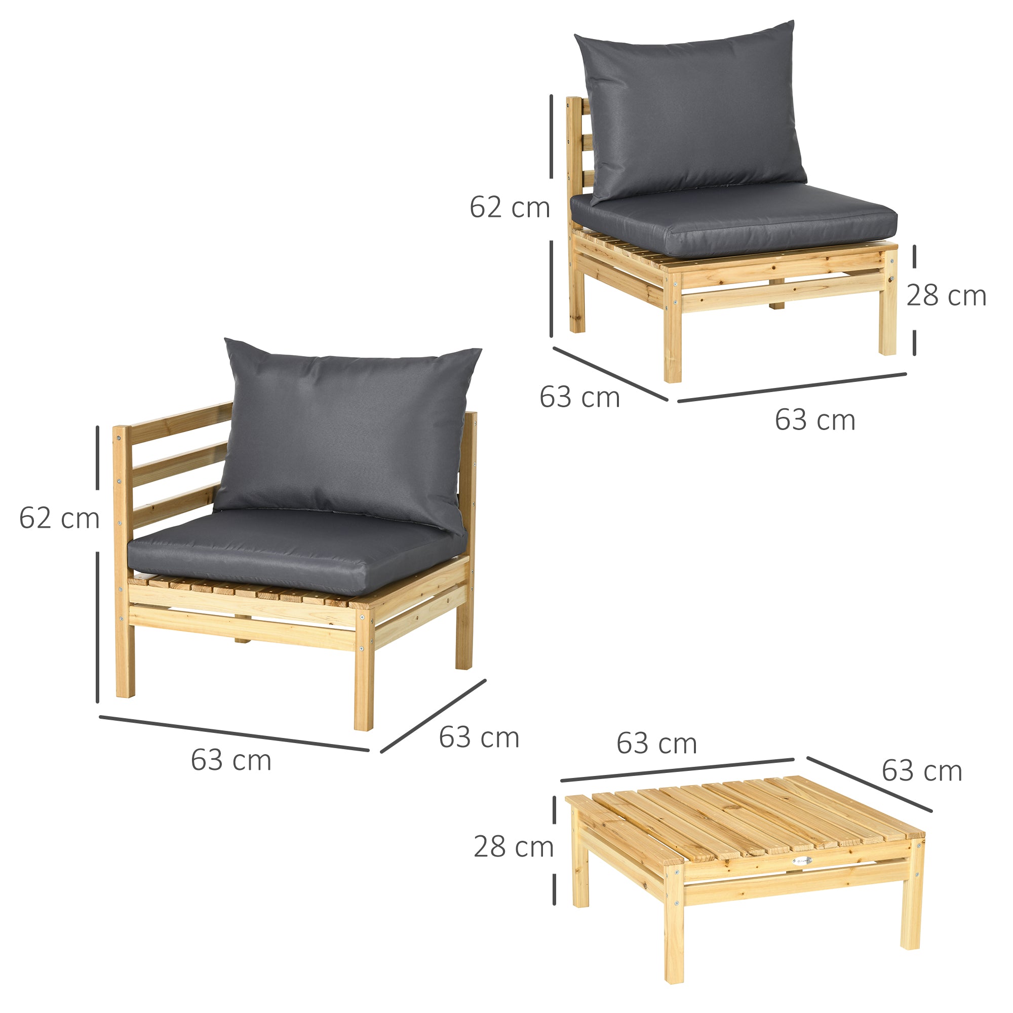 Outsunny Conjunto de Muebles de Jardín de Madera 5 Piezas Juego de Muebles de Terraza Incluye 4 Sofás con Cojines Acolchados y Mesa de Centro para Patio Exterior Natural