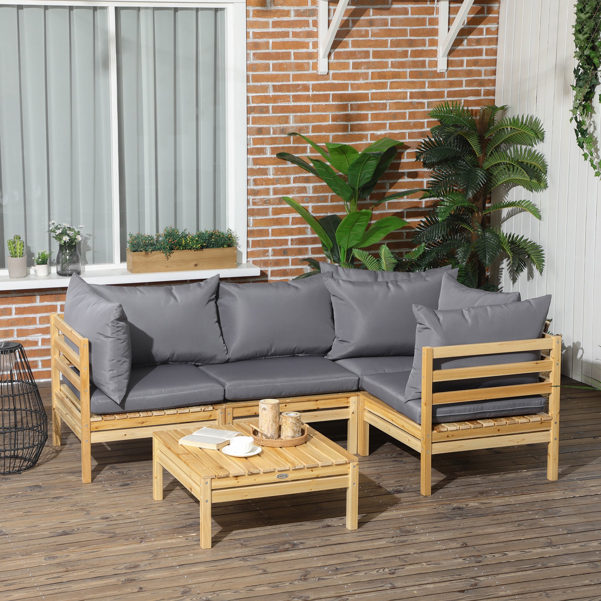 Outsunny Conjunto de Muebles de Jardín de Madera 5 Piezas Juego de Muebles de Terraza Incluye 4 Sofás con Cojines Acolchados y Mesa de Centro para Patio Exterior Natural