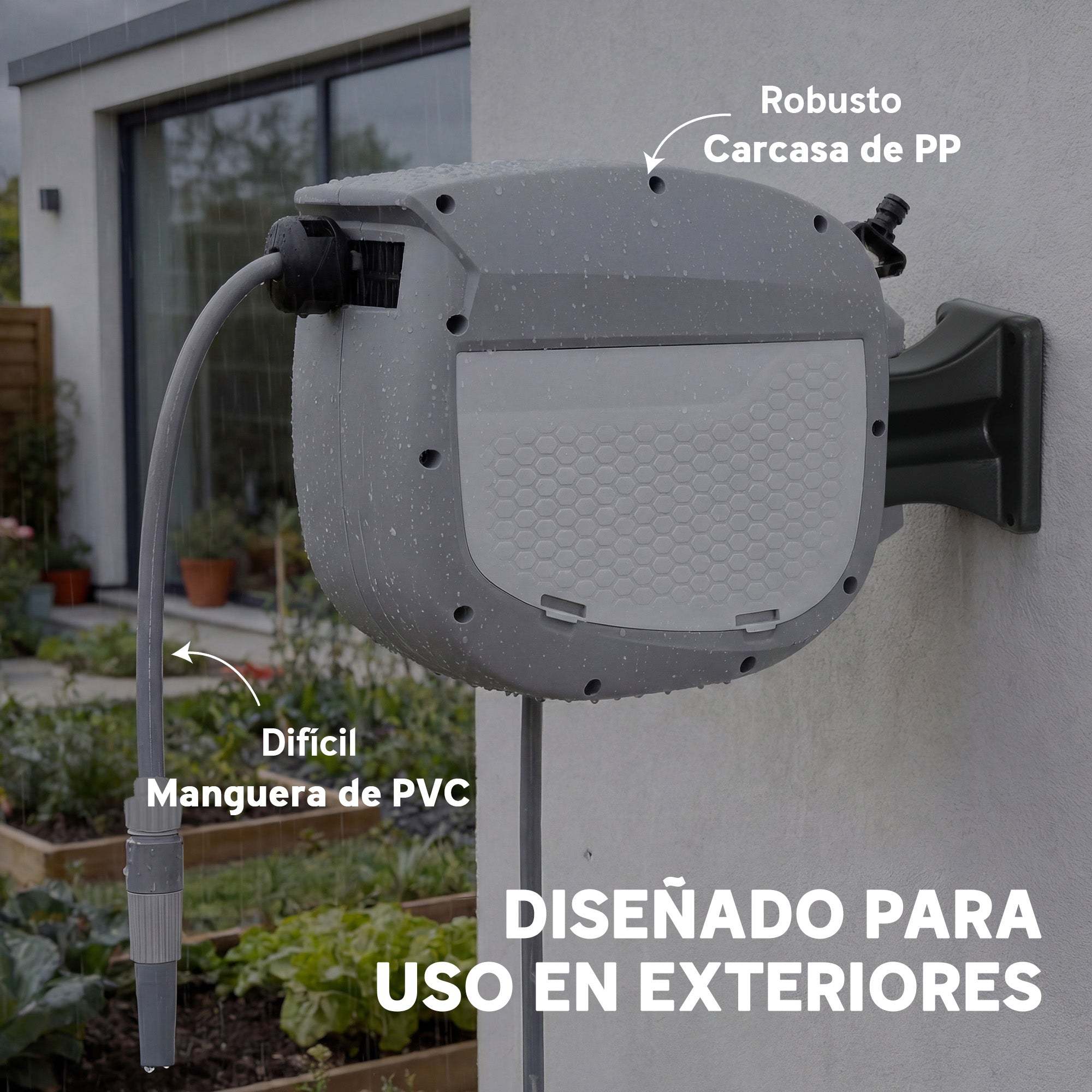Outsunny Enrollador de Manguera para Jardín 10+1 m con Boquilla de 2 Modos, Carrete de Manguera de Jardín de Pared con Bloqueo Automático y Retracción Controlada, Soporte Orientable 180°, Gris