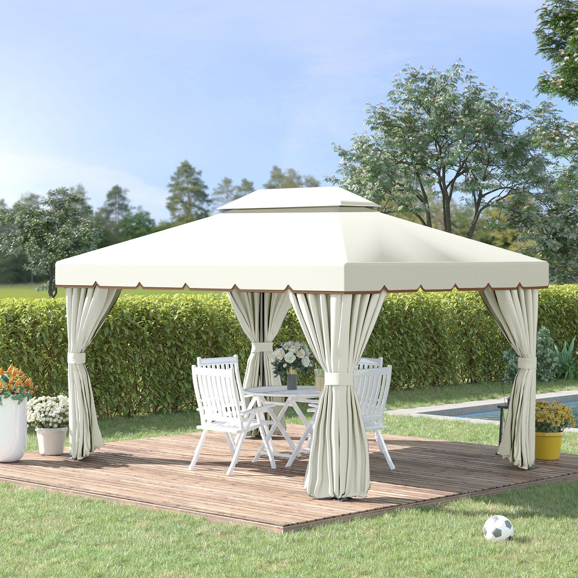 Outsunny Cenador de Jardín 4x3 m Gazebo de Aluminio con Techo de Ventilación 4 Cortinas Laterales 4 Mosquiteras y 8 Orificios de Drenaje para Fiestas Eventos Exterior Blanco