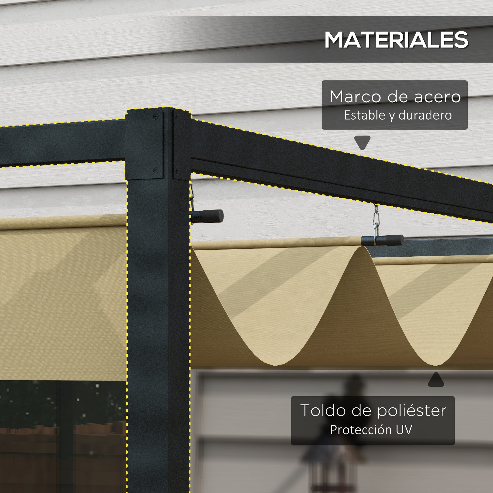 Outsunny Pérgola 3x2 m Cenador de Jardín Pabellón de Diseño Elegante con Techo Retráctil de Poliéster con Recubrimiento Resistente Anti-UV Impermeable para Celebraciones Fiestas Bodas Caqui