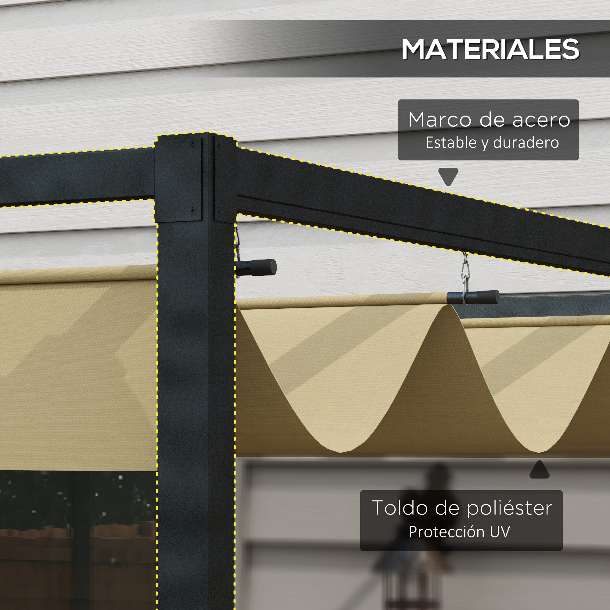 Outsunny Pérgola 3x2 m Cenador de Jardín Pabellón de Diseño Elegante con Techo Retráctil de Poliéster con Recubrimiento Resistente Anti-UV Impermeable para Celebraciones Fiestas Bodas Caqui