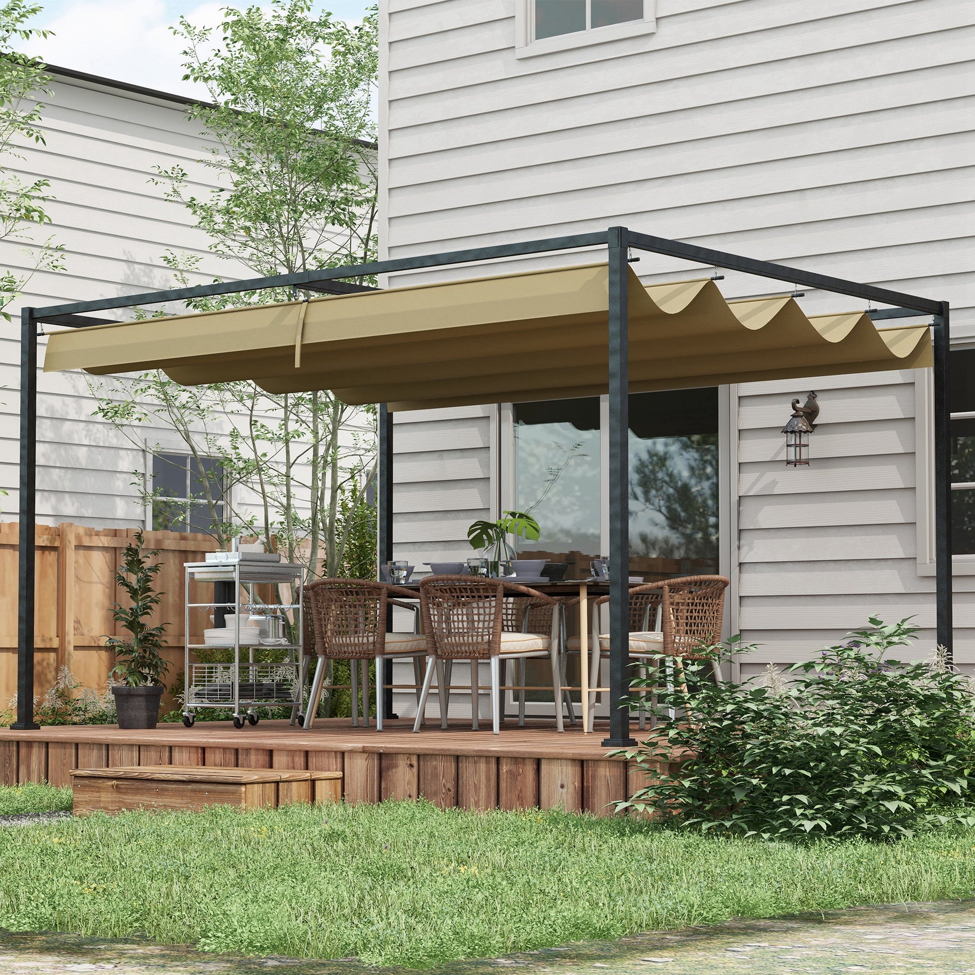 Outsunny Pérgola 3x2 m Cenador de Jardín Pabellón de Diseño Elegante con Techo Retráctil de Poliéster con Recubrimiento Resistente Anti-UV Impermeable para Celebraciones Fiestas Bodas Caqui