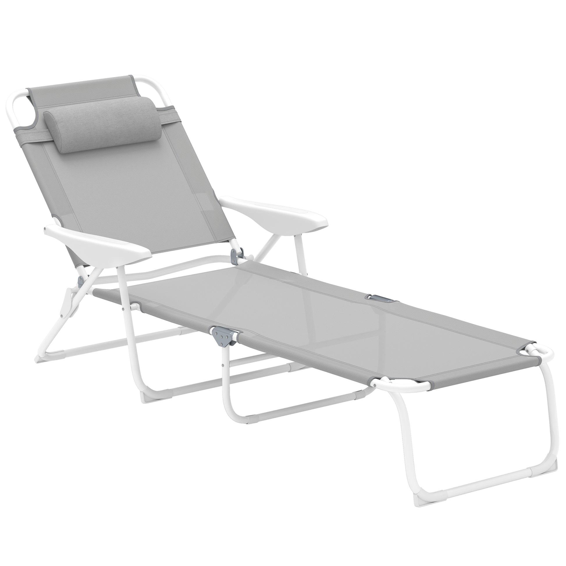Outsunny Tumbona Plegable Tumbona Jardín Exterior con Respaldo Ajustable Reposacabezas Extraíble y Estructura de Metal Carga 120 kg para Terraza Piscina Playa 160x66x98 cm Gris