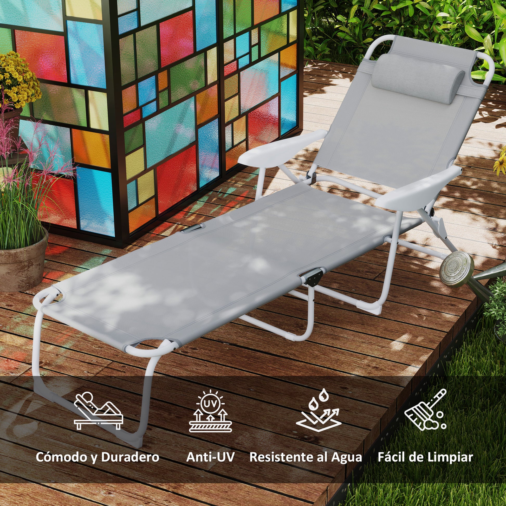 Outsunny Tumbona Plegable Tumbona Jardín Exterior con Respaldo Ajustable Reposacabezas Extraíble y Estructura de Metal Carga 120 kg para Terraza Piscina Playa 160x66x98 cm Gris