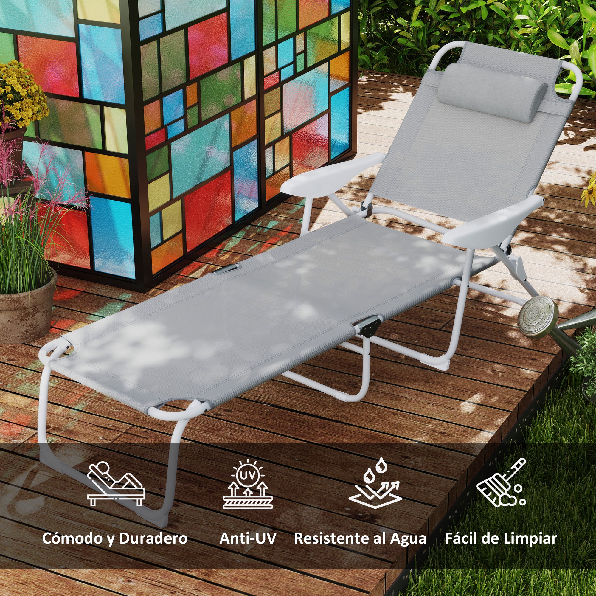 Outsunny Tumbona Plegable Tumbona Jardín Exterior con Respaldo Ajustable Reposacabezas Extraíble y Estructura de Metal Carga 120 kg para Terraza Piscina Playa 160x66x98 cm Gris