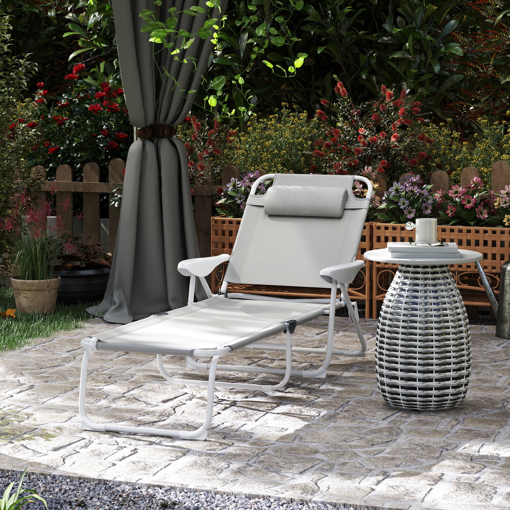 Outsunny Tumbona Plegable Tumbona Jardín Exterior con Respaldo Ajustable Reposacabezas Extraíble y Estructura de Metal Carga 120 kg para Terraza Piscina Playa 160x66x98 cm Gris