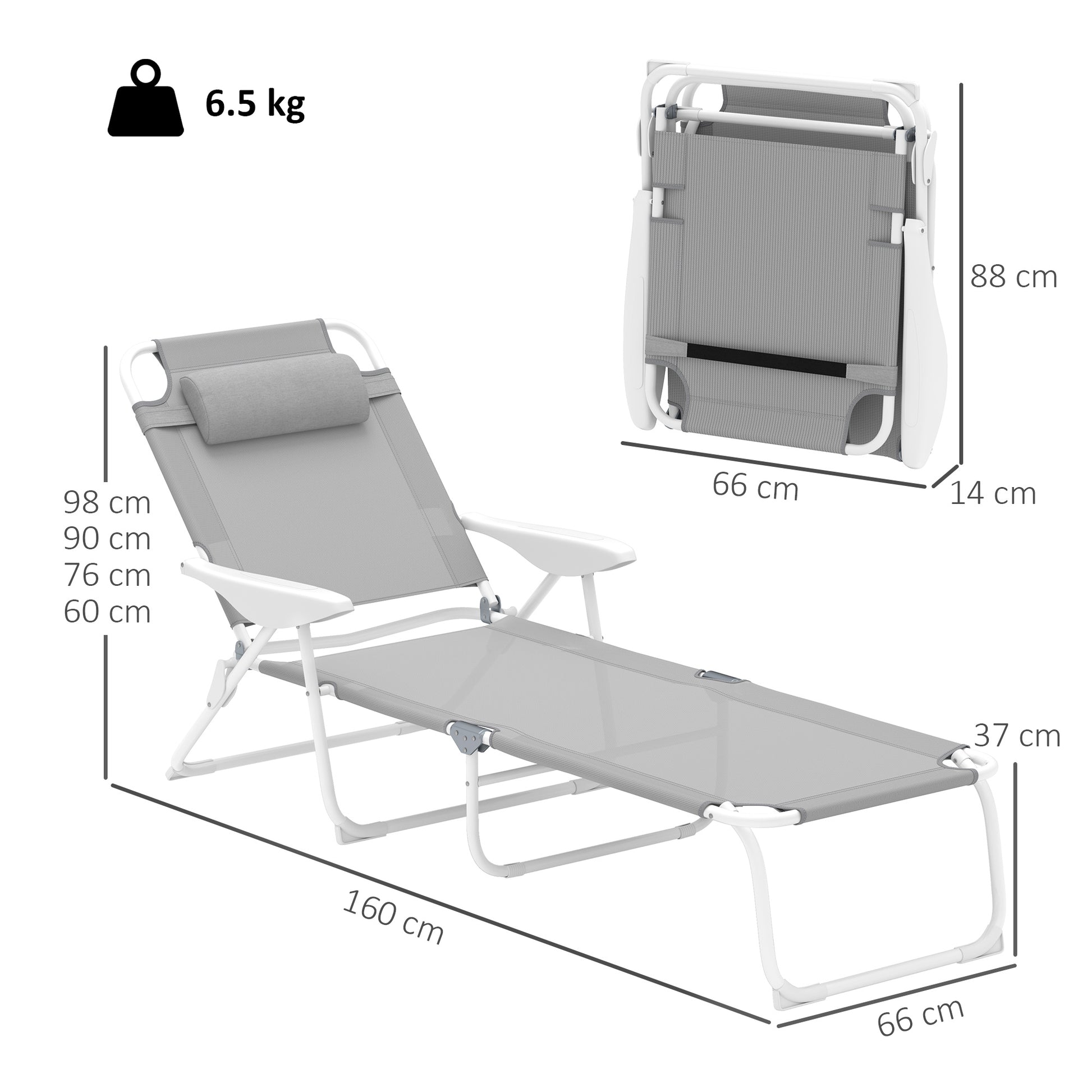 Outsunny Tumbona Plegable Tumbona Jardín Exterior con Respaldo Ajustable Reposacabezas Extraíble y Estructura de Metal Carga 120 kg para Terraza Piscina Playa 160x66x98 cm Gris