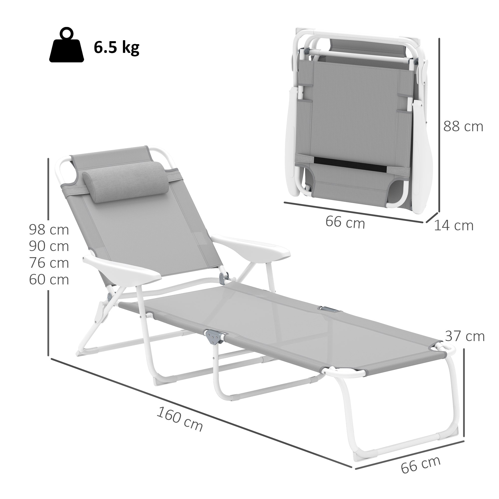 Outsunny Tumbona Plegable Tumbona Jardín Exterior con Respaldo Ajustable Reposacabezas Extraíble y Estructura de Metal Carga 120 kg para Terraza Piscina Playa 160x66x98 cm Gris