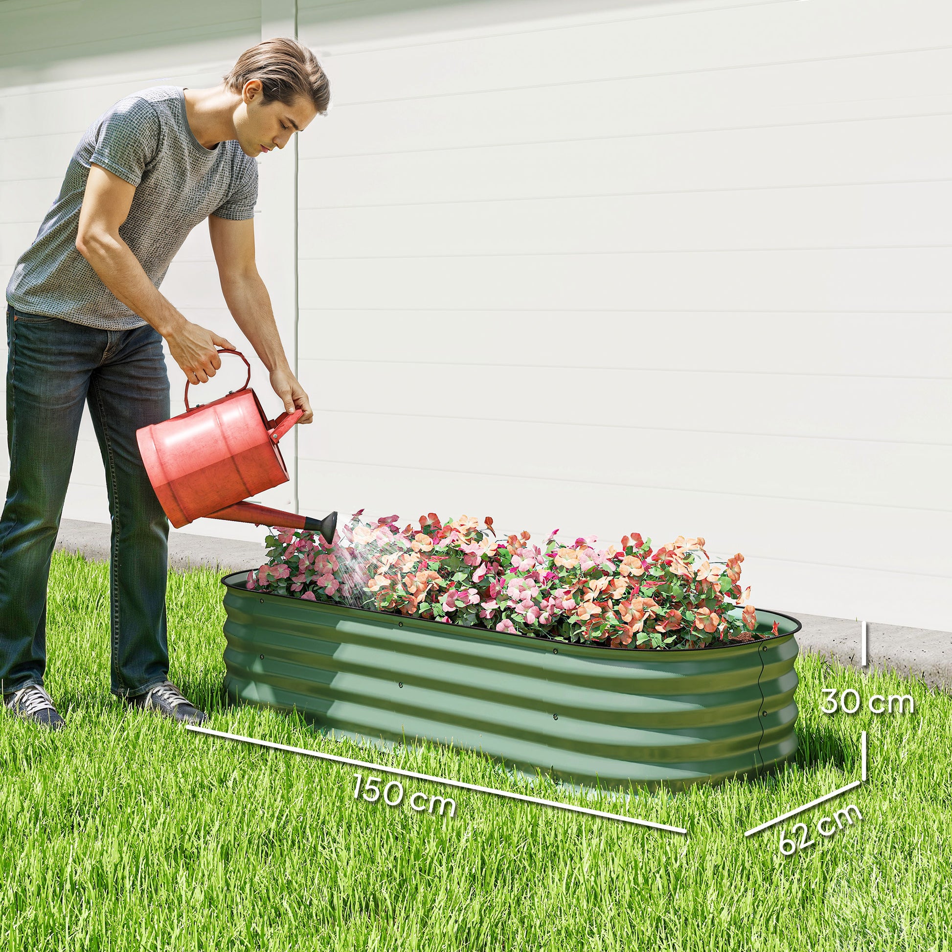 Outsunny Jardinera Exterior Grande de Acero Galvanizado, Huerto Urbano para Cultivar Plantas, Macetero Exterior con Bordes de Seguridad, Fácil Montaje, Resistente a la Intemperie, 150x62x30 cm, Verde