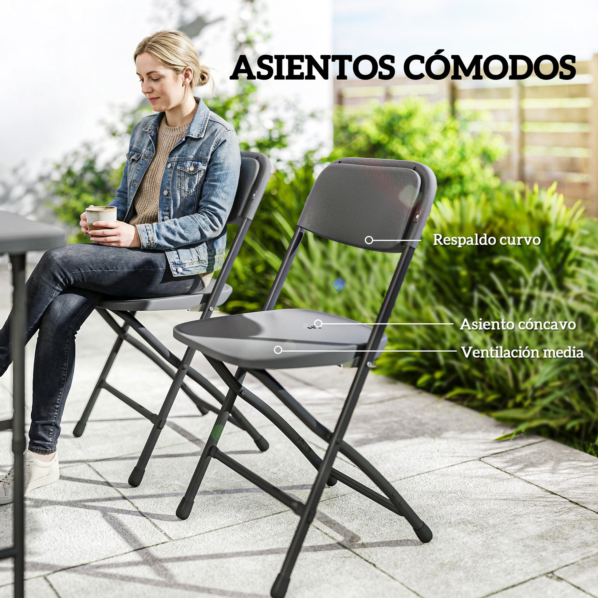 Outsunny Conjunto de Mesa y Sillas Jardín de 5 Piezas, Muebles de Jardín Exterior con Mesa Plegable Ajustable de 55 a 74 cm, 4 Sillas Plegables y Encimera de HDPE, para Terraza Patio, Gris Oscuro