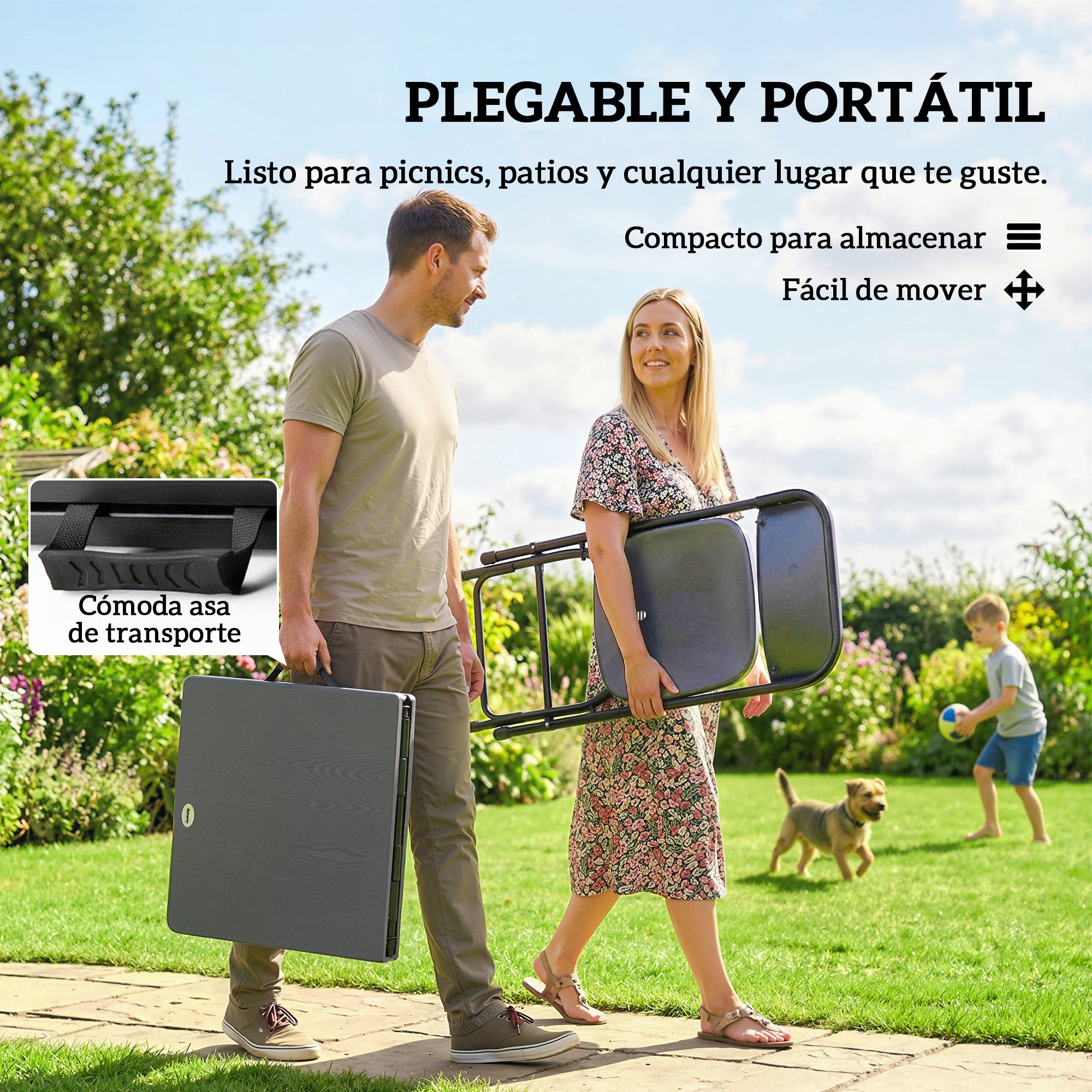 Outsunny Conjunto de Mesa y Sillas Jardín de 5 Piezas, Muebles de Jardín Exterior con Mesa Plegable Ajustable de 55 a 74 cm, 4 Sillas Plegables y Encimera de HDPE, para Terraza Patio, Gris Oscuro