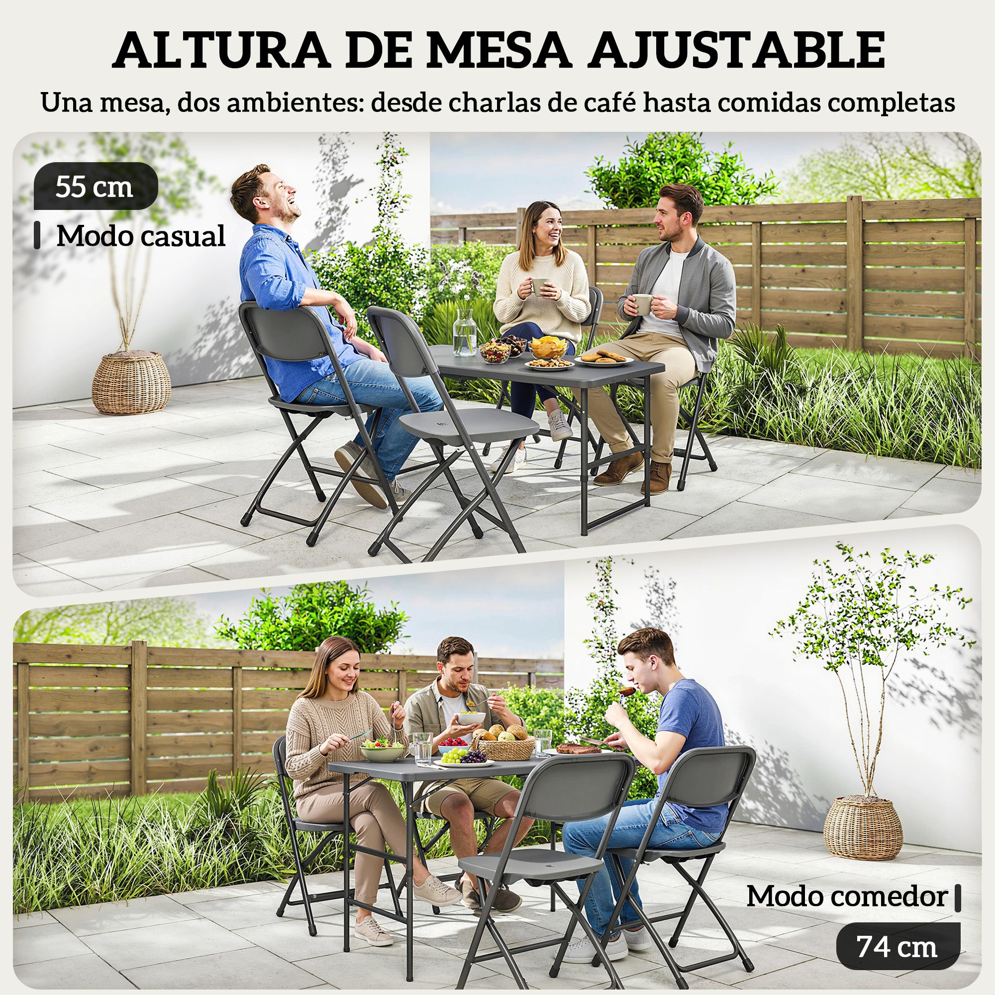 Outsunny Conjunto de Mesa y Sillas Jardín de 5 Piezas, Muebles de Jardín Exterior con Mesa Plegable Ajustable de 55 a 74 cm, 4 Sillas Plegables y Encimera de HDPE, para Terraza Patio, Gris Oscuro