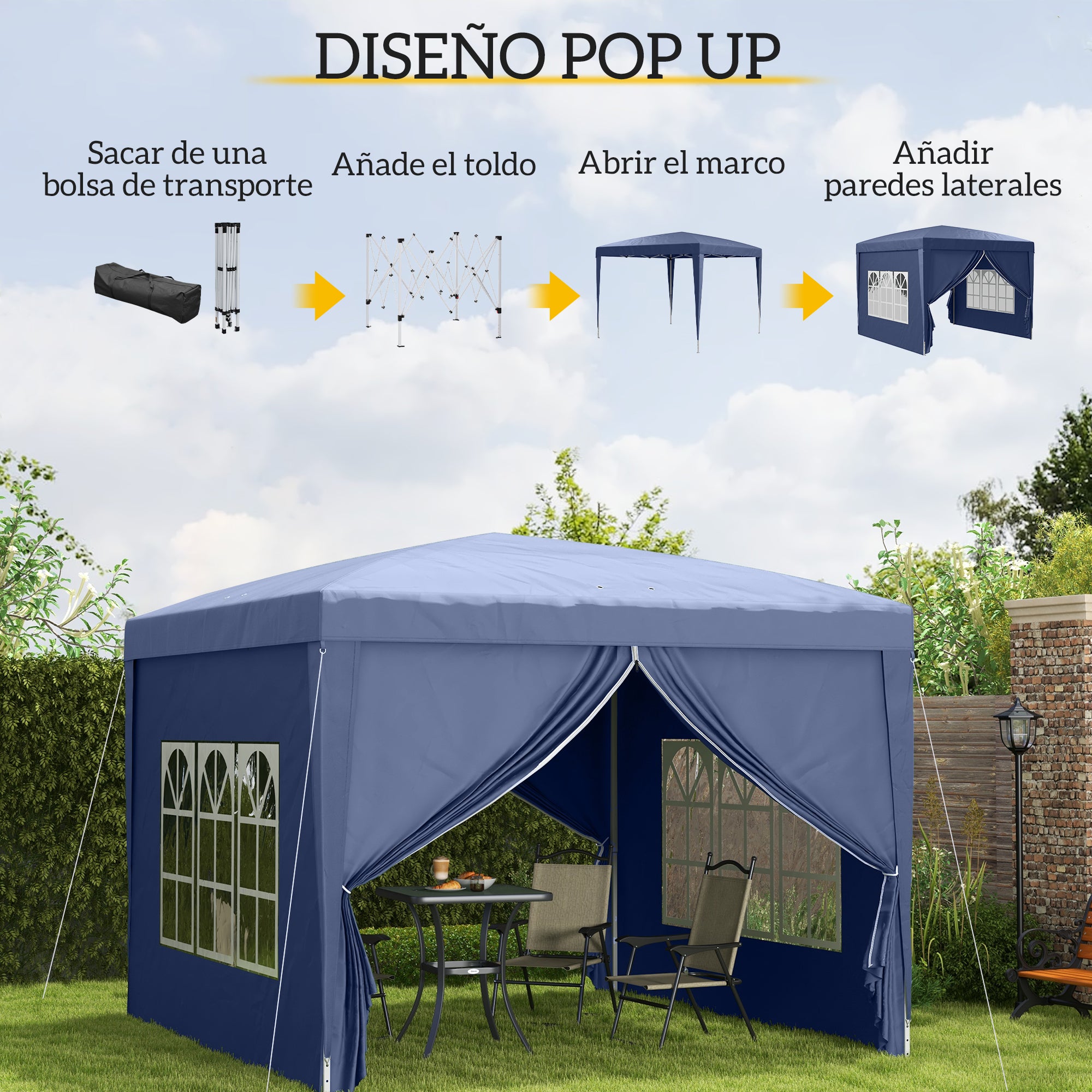 Outsunny Carpa Plegable Pop-up Gazebo 3x3 m Cenador Plegable con 4 Paredes Laterales Anti-UV y Bolsa de Transporte para Camping Fiestas Azul