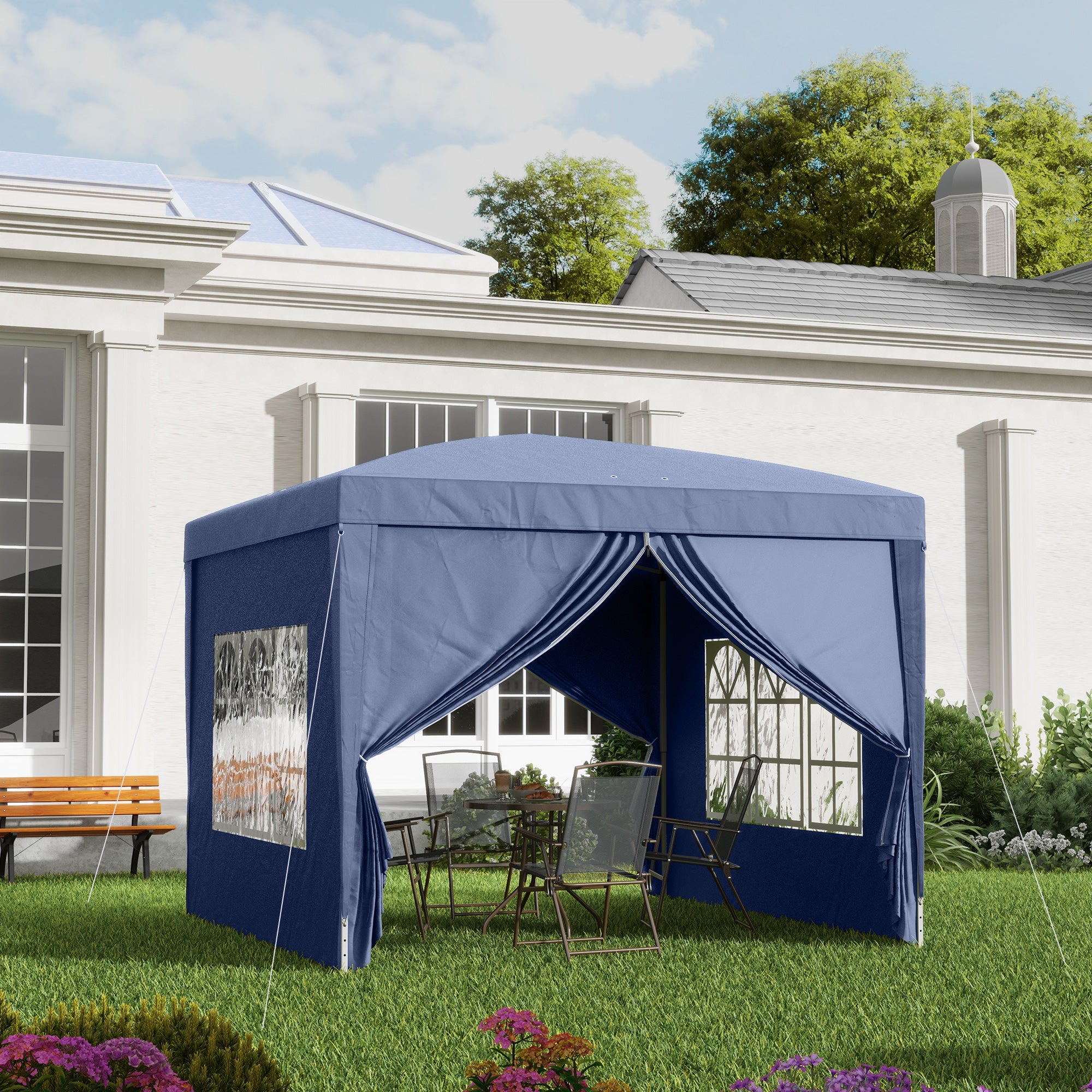 Outsunny Carpa Plegable Pop-up Gazebo 3x3 m Cenador Plegable con 4 Paredes Laterales Anti-UV y Bolsa de Transporte para Camping Fiestas Azul
