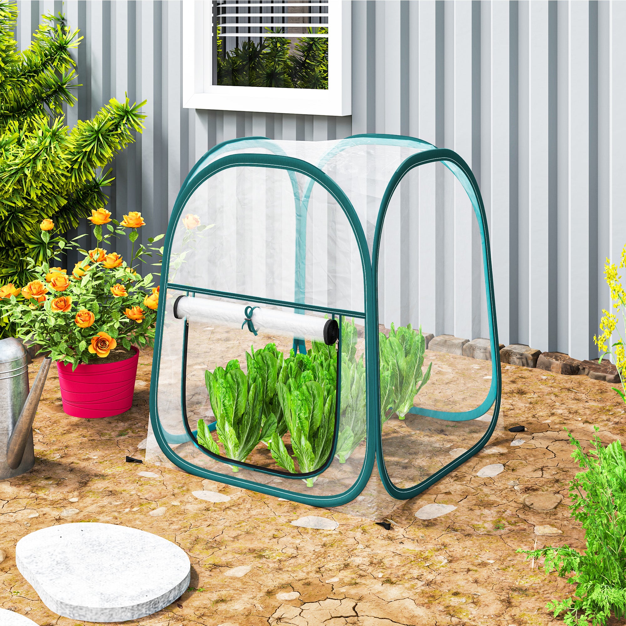 Outsunny Mini Invernadero Plegable Pop-up, Invernadero Exterior Transparente con Puerta Enrollable y Cubierta de Plástico, Contraviento, para Cultivar Plantas, Flores, 70x70x80 cm, Transparente