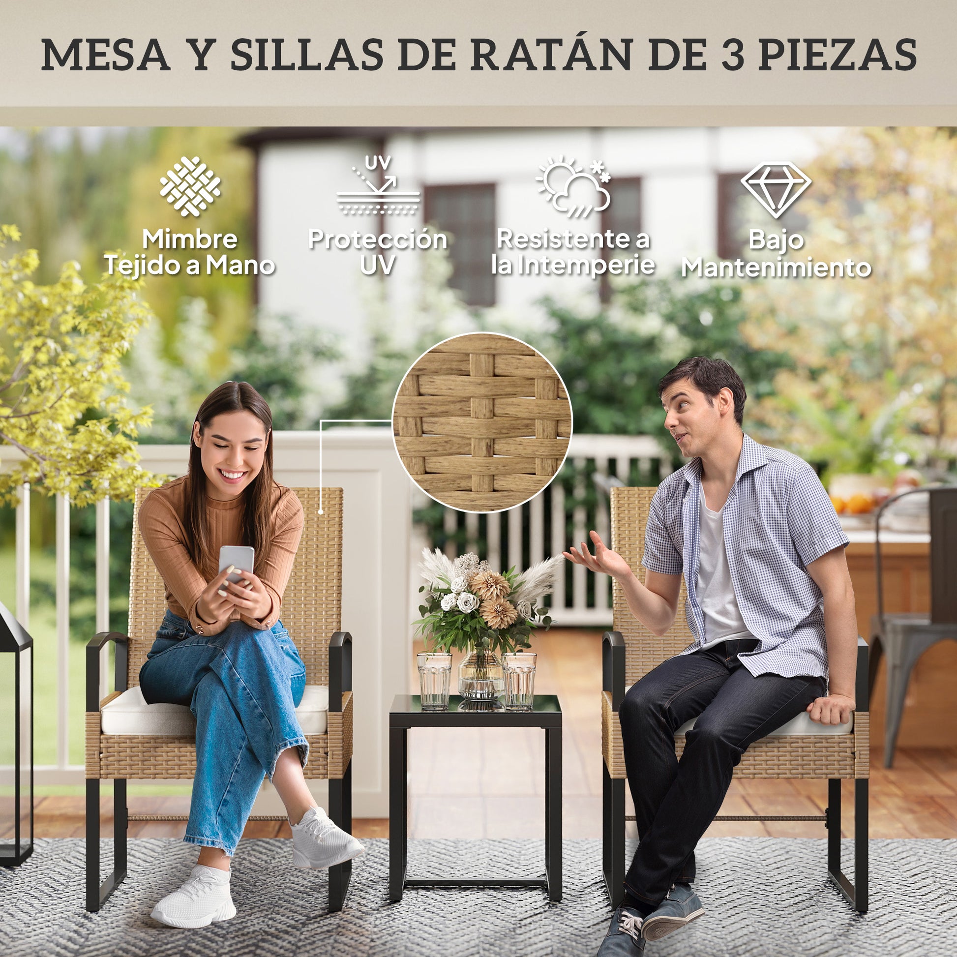 Outsunny Conjunto de Jardín Exterior de 3 Piezas con Respaldo Ajustable Juego de 2 Sillas y Mesa de Ratán con Cojines Acolchados y Encimera de Vidrio Templado para Balcón Terraza Beige y Blanco