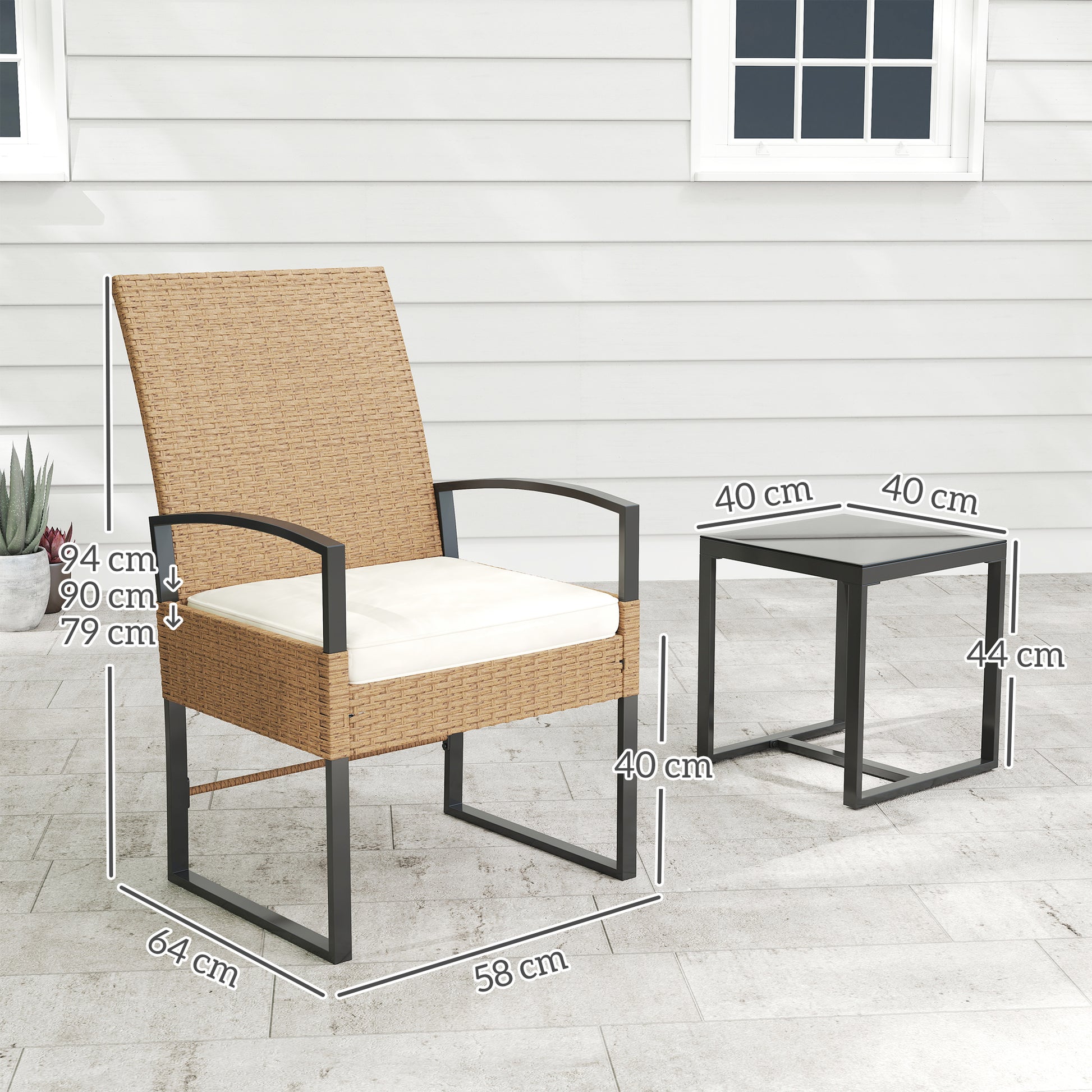 Outsunny Conjunto de Jardín Exterior de 3 Piezas con Respaldo Ajustable Juego de 2 Sillas y Mesa de Ratán con Cojines Acolchados y Encimera de Vidrio Templado para Balcón Terraza Beige y Blanco