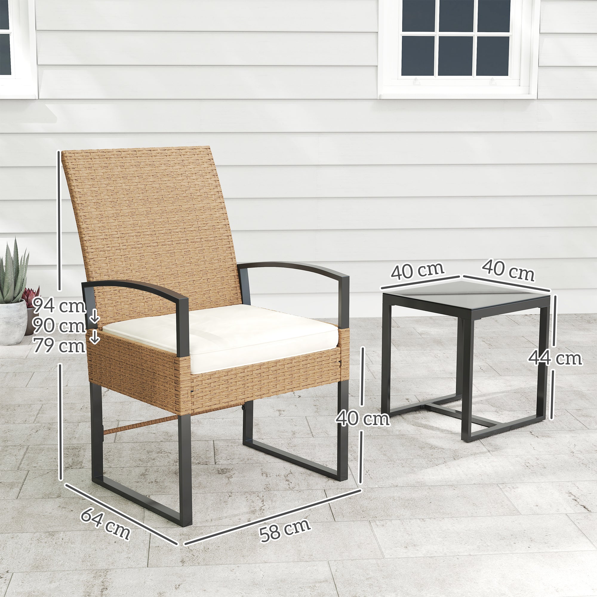 Outsunny Conjunto de Jardín Exterior de 3 Piezas con Respaldo Ajustable Juego de 2 Sillas y Mesa de Ratán con Cojines Acolchados y Encimera de Vidrio Templado para Balcón Terraza Beige y Blanco