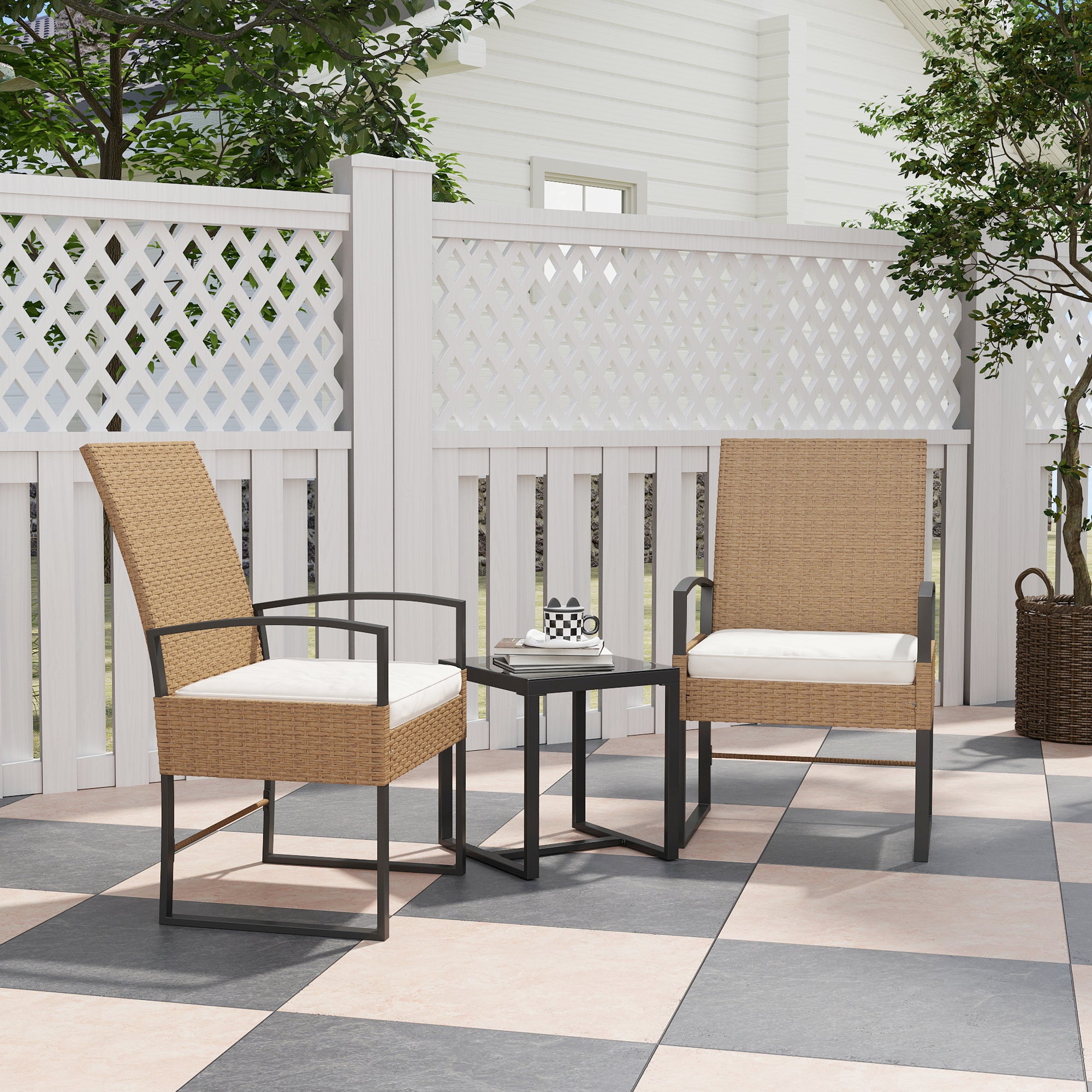Outsunny Conjunto de Jardín Exterior de 3 Piezas con Respaldo Ajustable Juego de 2 Sillas y Mesa de Ratán con Cojines Acolchados y Encimera de Vidrio Templado para Balcón Terraza Beige y Blanco