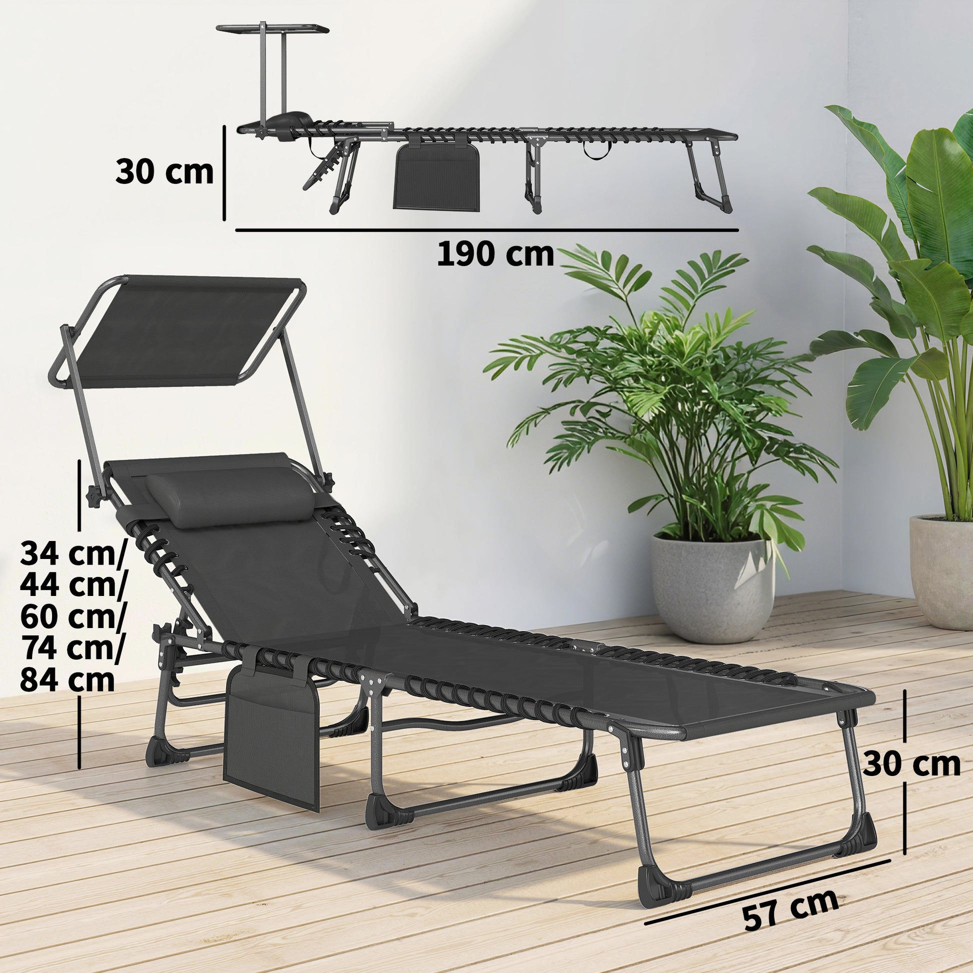 Outsunny Set de 2 Tumbonas Jardín Exterior, Tumbonas Plegables con Reposacabezas, Parasol y Bolsillo Lateral, Respaldo Reclinable 5 Posiciones y Asiento Malla Transpirable para Playa, Piscina, Negro