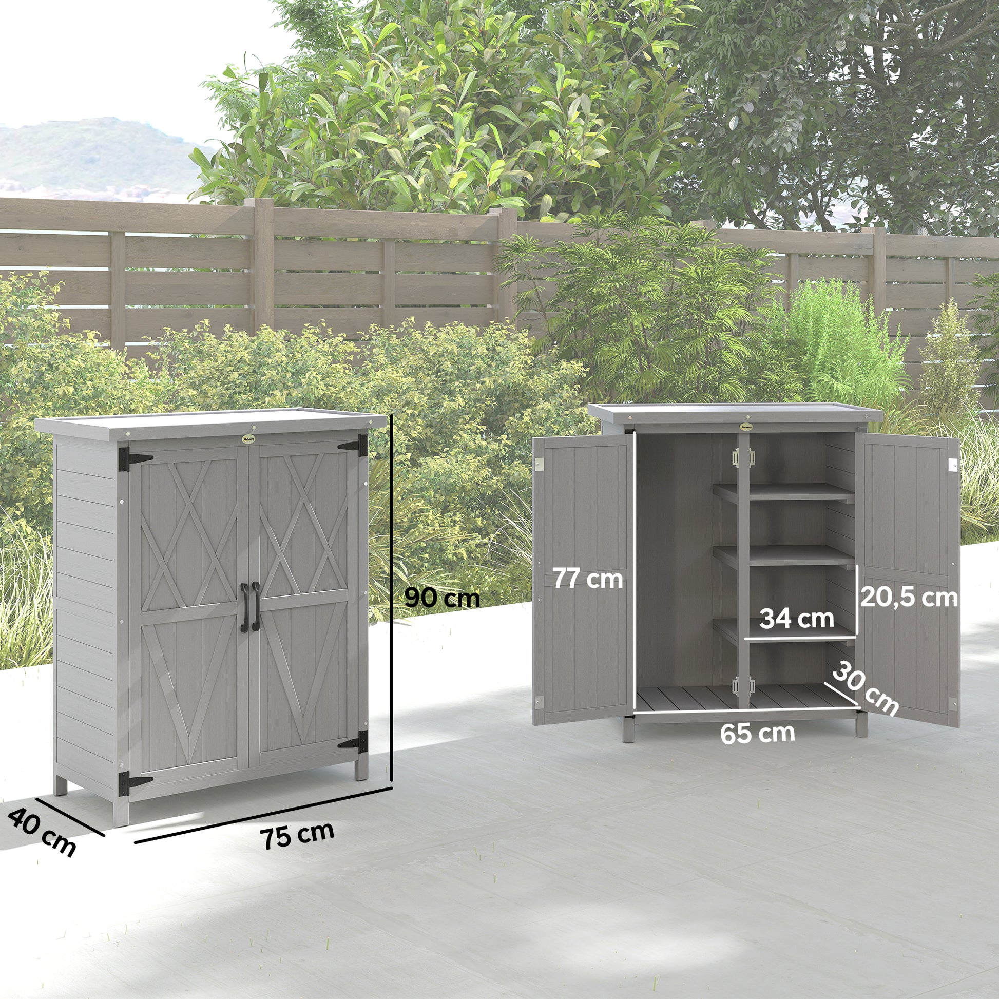 Outsunny Caseta de Jardín de Madera, 75x40x90 cm, Cobertizo Jardín Exterior, Armario para Almacenaje de Herramientas, con 4 Estantes, 2 Puertas y Techo de Acero Galvanizado, Gris