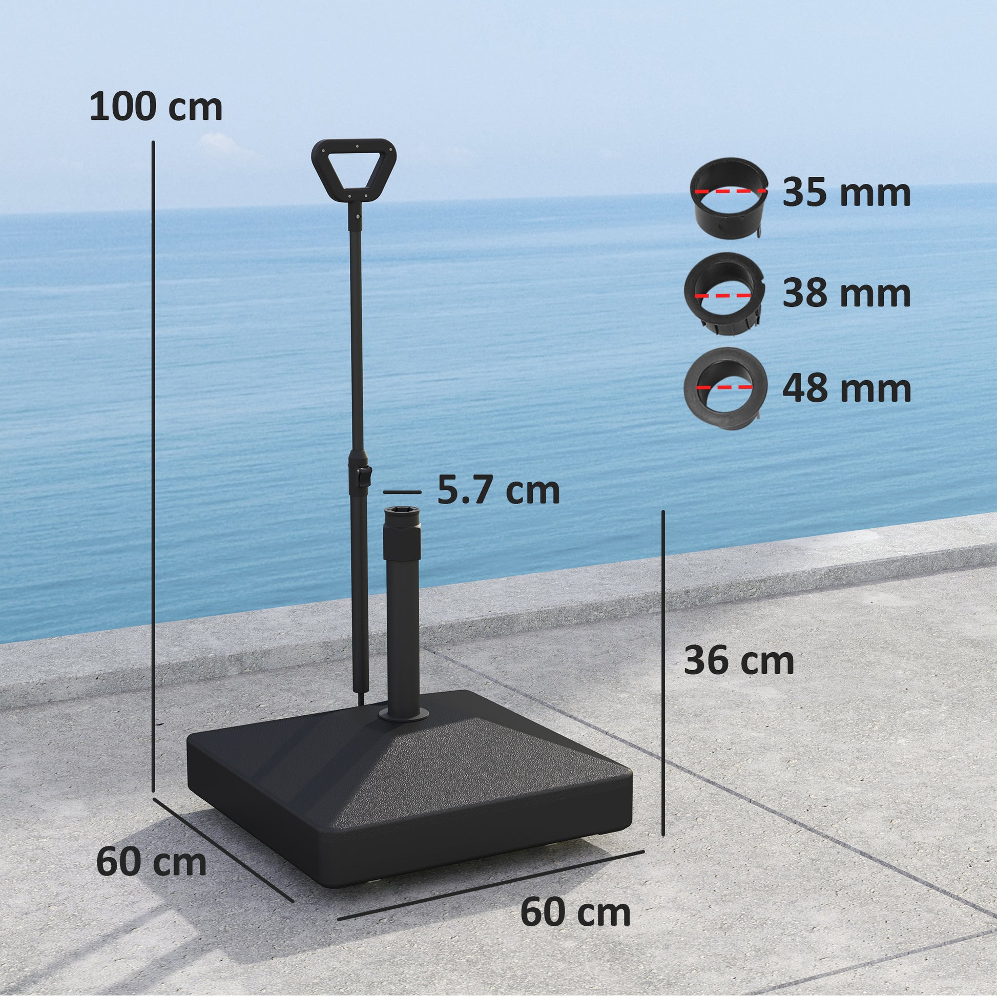 Outsunny Base para Sombrilla Cuadrada Soporte para Parasol con Ruedas Pie para Sombrilla con Asa Ajustable Rellenable con Agua 45L o Arena 55kg para Jardín Terraza Negro