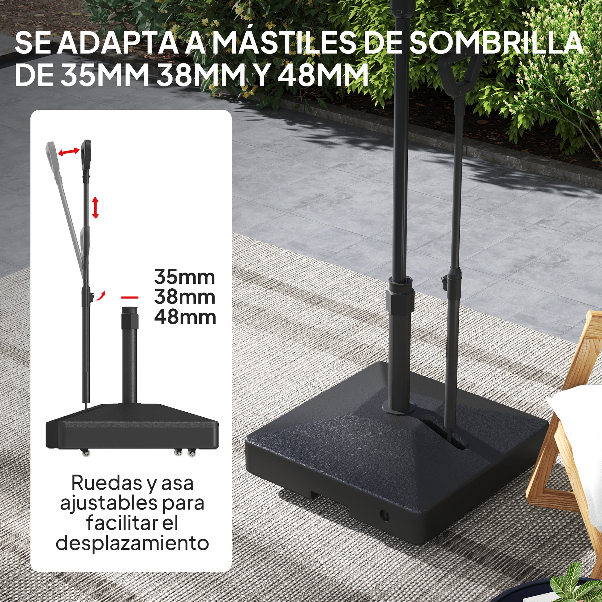 Outsunny Base para Sombrilla Cuadrada Soporte para Parasol con Ruedas Pie para Sombrilla con Asa Ajustable Rellenable con Agua 45L o Arena 55kg para Jardín Terraza Negro