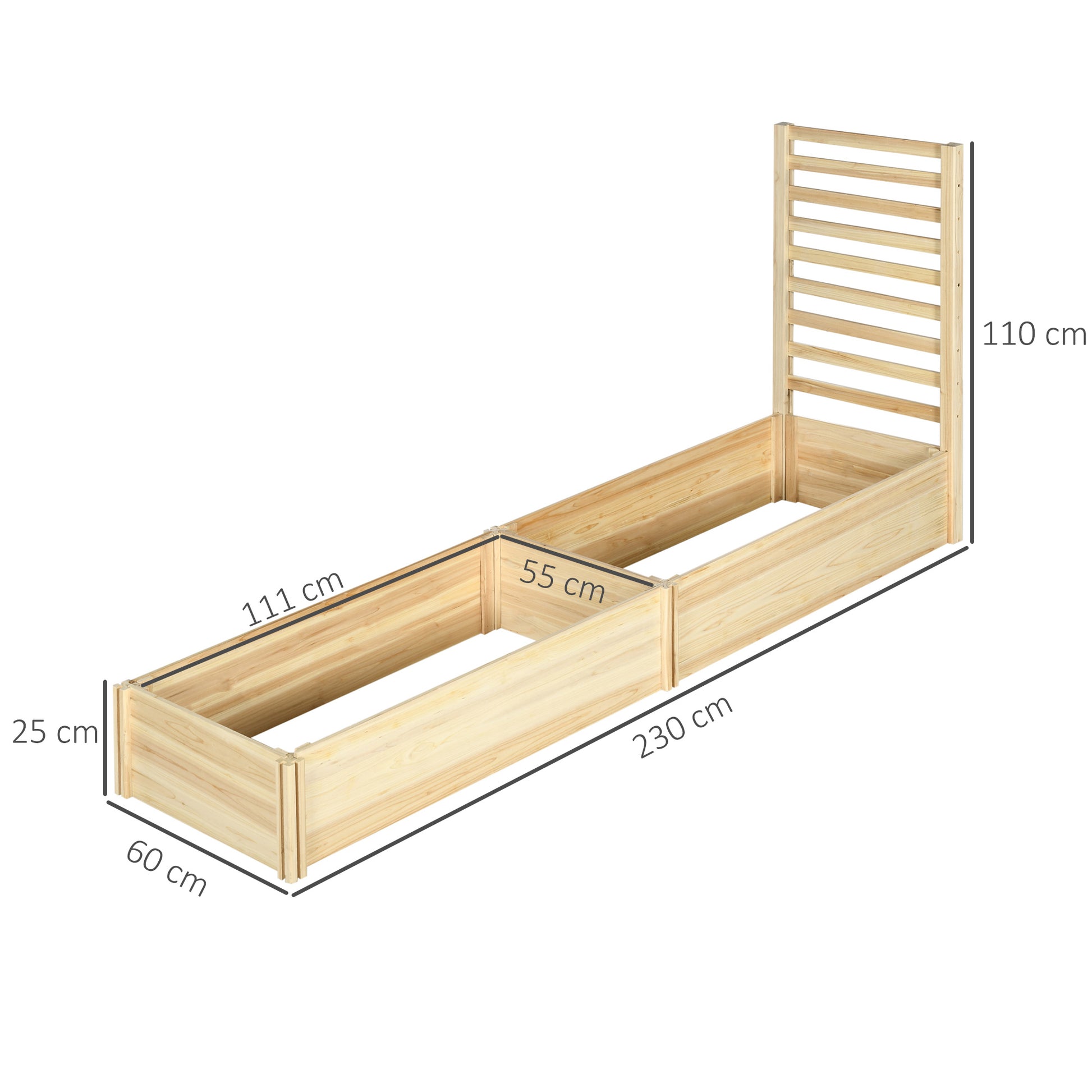 Outsunny Jardinera Exterior Grande de Madera Jardinera con Celosía para Plantas Trepadoras y 2 Cajas de Cultivo para Patio Terraza Balcón 230x60x110 cm Natural
