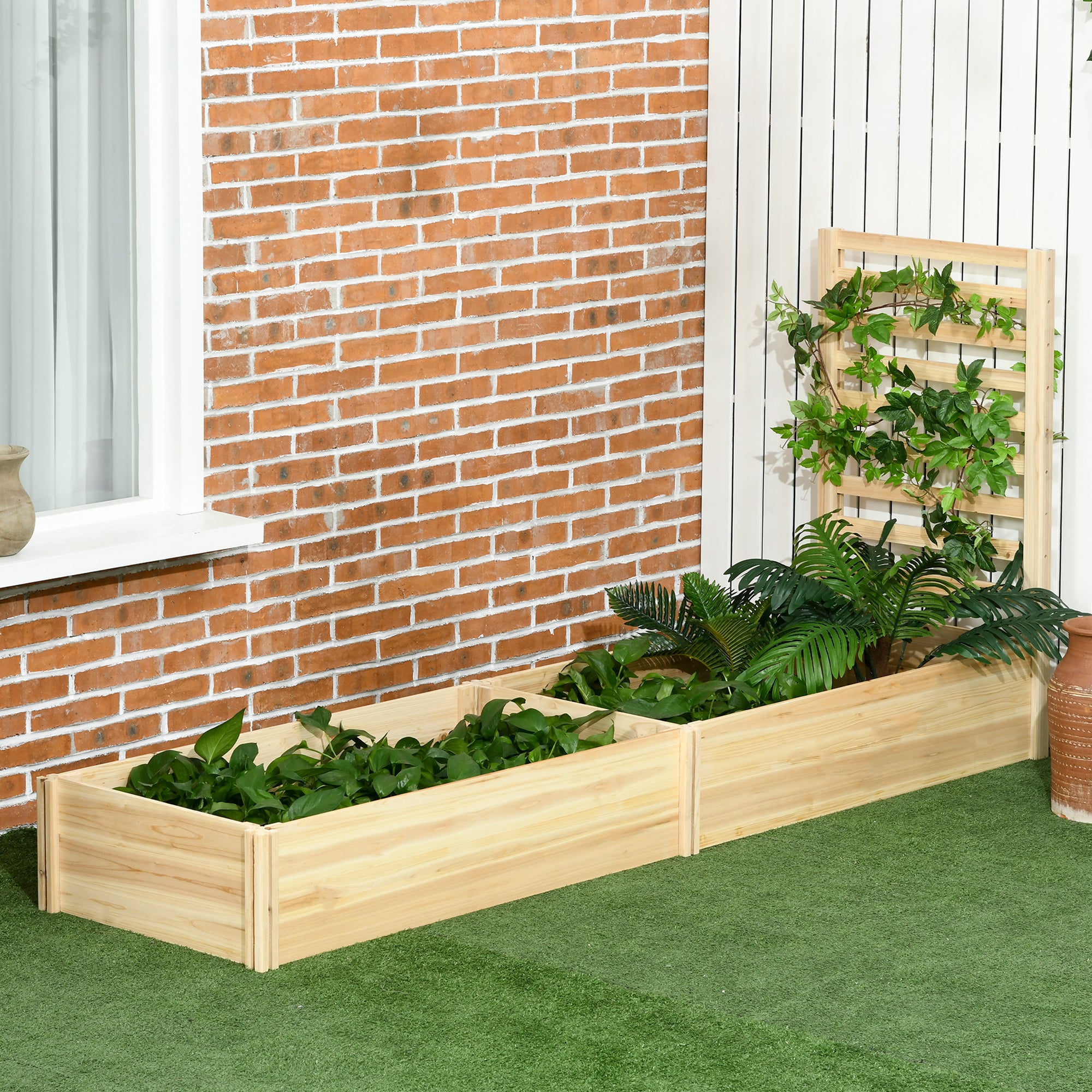 Outsunny Jardinera Exterior Grande de Madera Jardinera con Celosía para Plantas Trepadoras y 2 Cajas de Cultivo para Patio Terraza Balcón 230x60x110 cm Natural