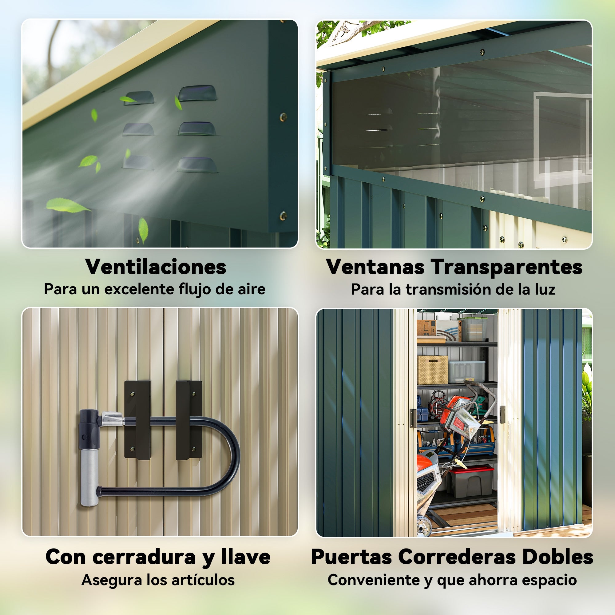 Outsunny Caseta de Jardín Exterior 2 m² 195x122x181,5 cm Cobertizo de Jardín Exterior Metálica con Base SIN SUELO 2 Puertas Correderas Ventanas y Ganchos para Herramientas Verde