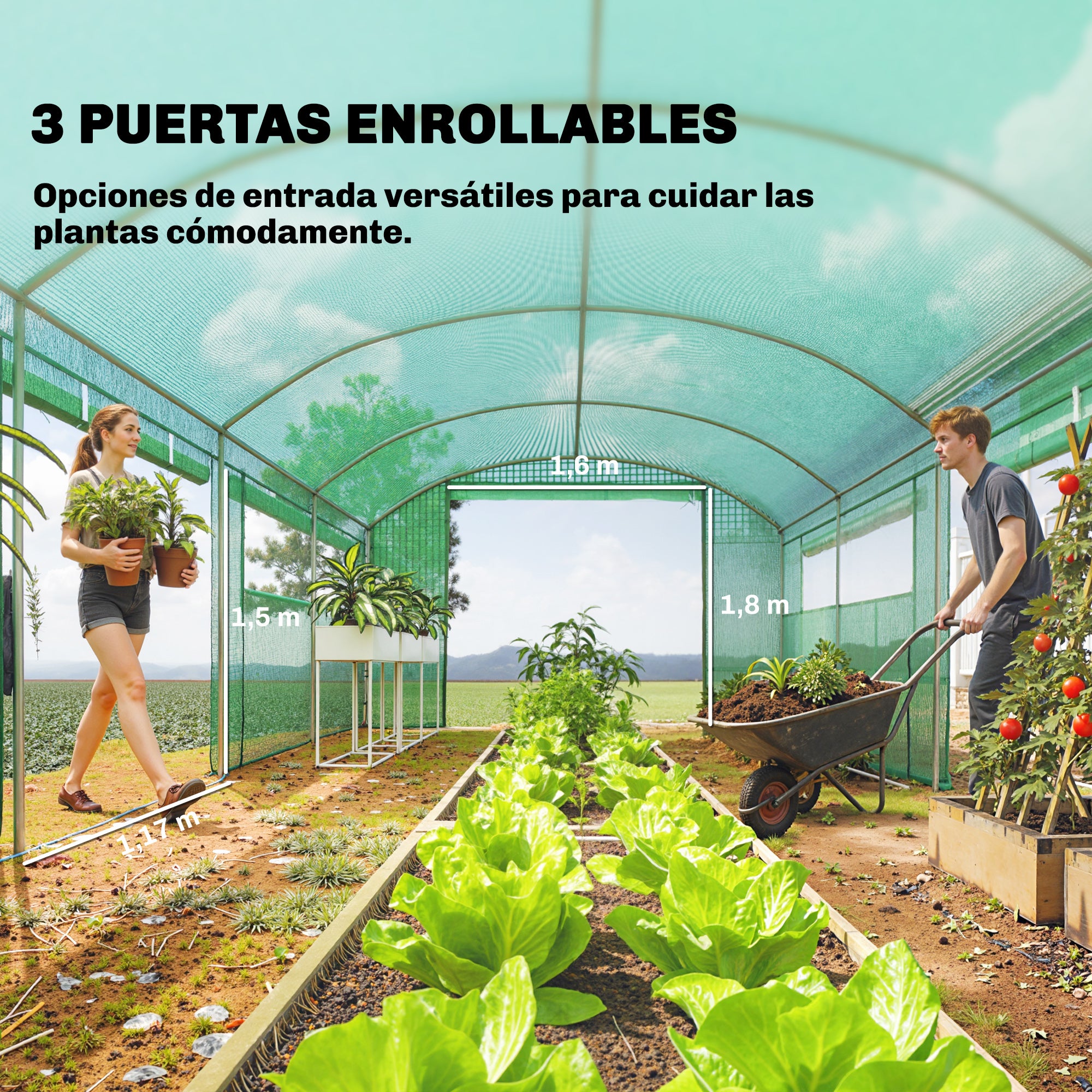 Outsunny Invernadero de Exterior 6x3x2 m, Invernadero de Túnel con 3 Puertas Enrollables, Ventanas de Malla, Cubierta PE 140g/m² Anti-UV y Marco de Acero Galvanizado, para Cultivos, Plantas, Verde