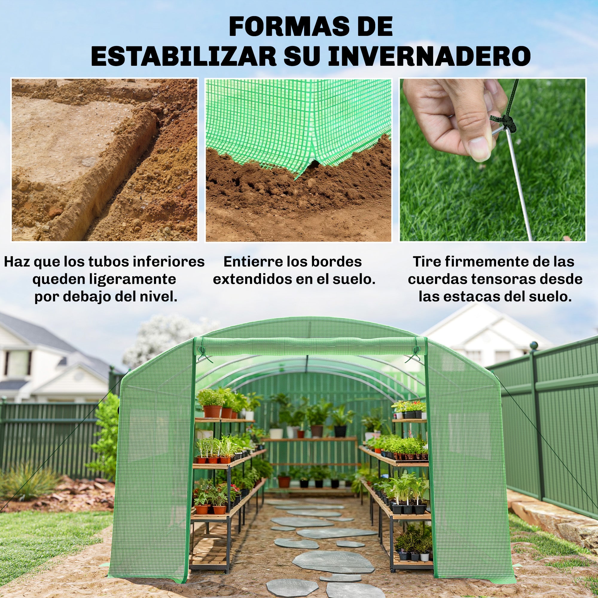 Outsunny Invernadero de Exterior 6x3x2 m, Invernadero de Túnel con 3 Puertas Enrollables, Ventanas de Malla, Cubierta PE 140g/m² Anti-UV y Marco de Acero Galvanizado, para Cultivos, Plantas, Verde