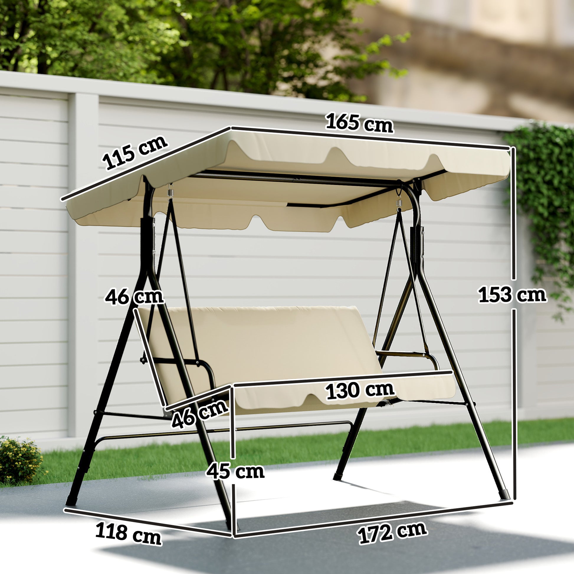 Outsunny Columpio de Jardín Exterior de 3 Plazas, Balancín de Jardín Exterior con Techo Ajustable, Cojín y Marco de Acero, para Balcón, Terraza, Patio, Carga 240 kg, 172x118x153 cm, Beige