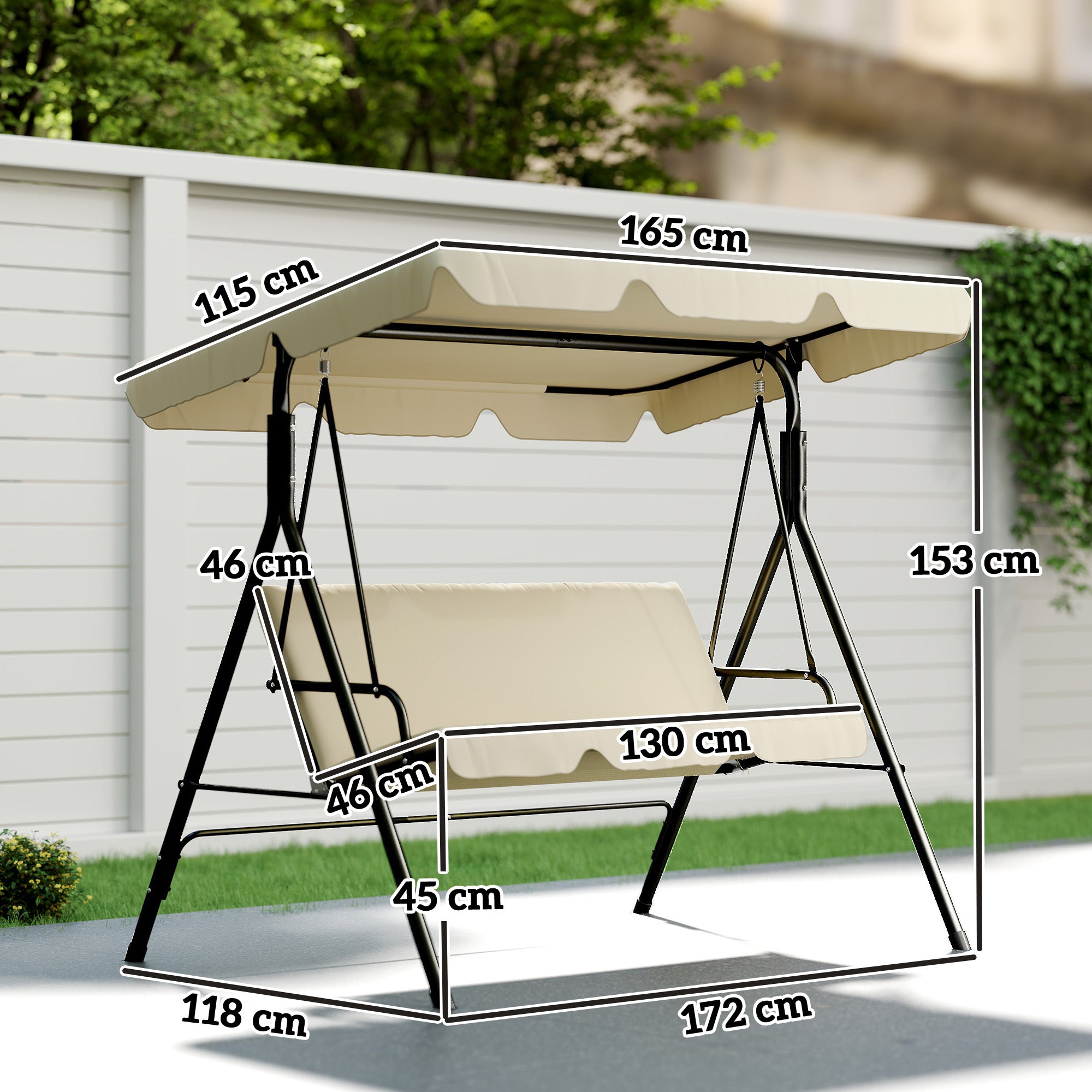 Outsunny Columpio de Jardín Exterior de 3 Plazas, Balancín de Jardín Exterior con Techo Ajustable, Cojín y Marco de Acero, para Balcón, Terraza, Patio, Carga 240 kg, 172x118x153 cm, Beige
