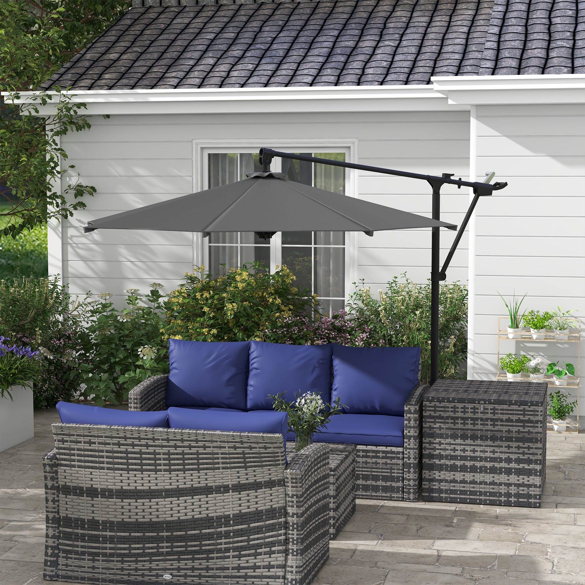 Outsunny Sombrilla de Jardín 3x3 m Parasol de Jardín Giratorio 360° con Manivela Manual 8 Varillas Base Cruzada y Soporte de Acero para Terraza Patio Balcón Gris Oscuro