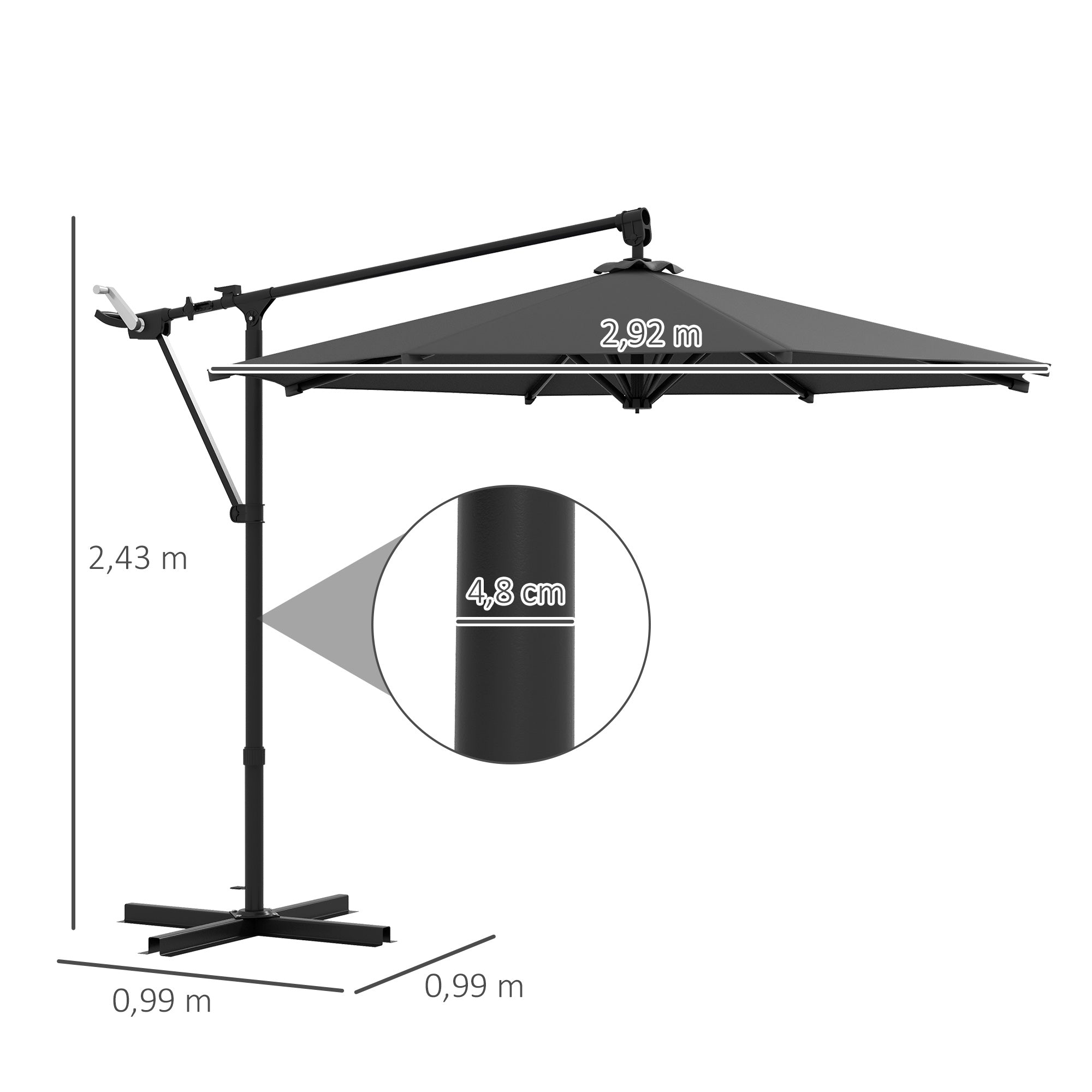 Outsunny Sombrilla de Jardín 3x3 m Parasol de Jardín Giratorio 360° con Manivela Manual 8 Varillas Base Cruzada y Soporte de Acero para Terraza Patio Balcón Gris Oscuro