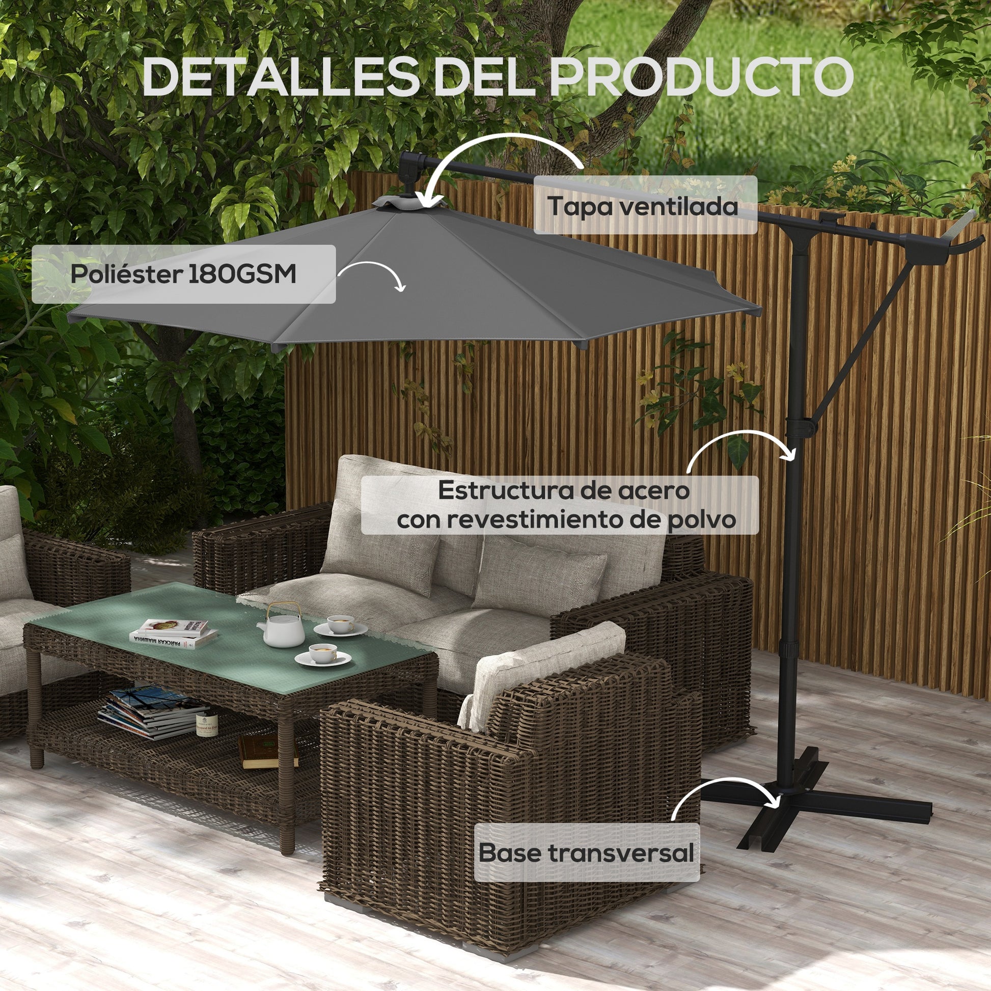 Outsunny Sombrilla de Jardín 3x3 m Parasol de Jardín Giratorio 360° con Manivela Manual 8 Varillas Base Cruzada y Soporte de Acero para Terraza Patio Balcón Gris Oscuro