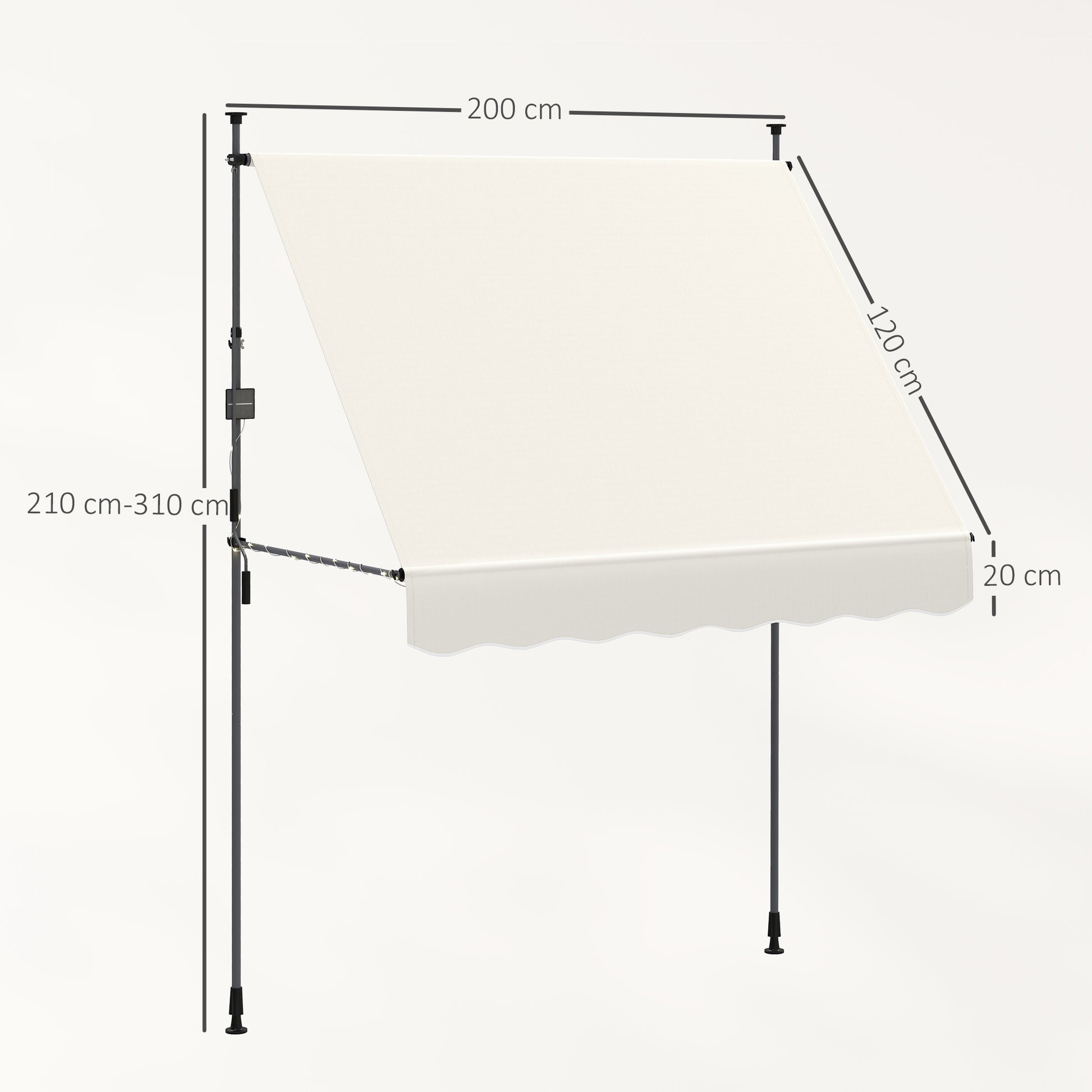 Outsunny Toldo Manual Retráctil 2x1,2 m Toldo Exterior Terraza Enrollable Altura Ajustable con Manivela 210-310 cm Protección UV30+ Sin Taladro para Jardín Balcón Patio Crema