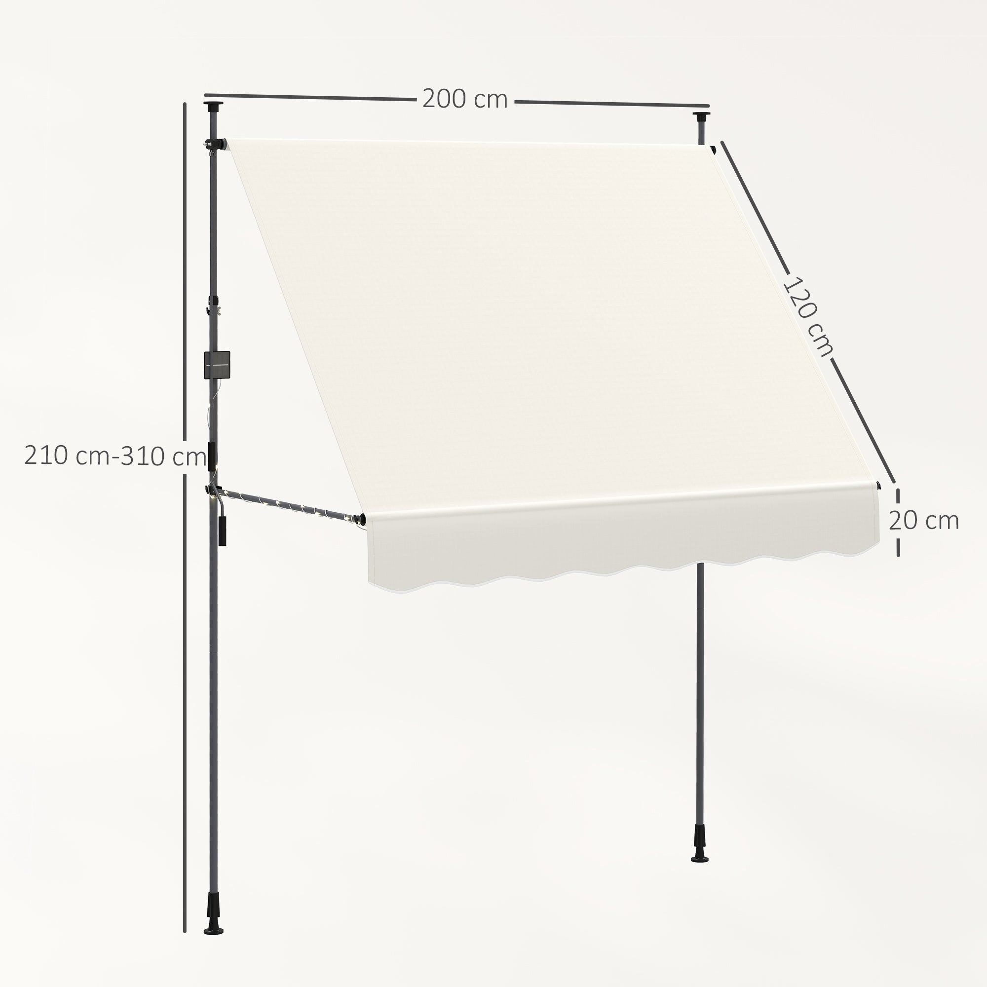 Outsunny Toldo Manual Retráctil 2x1,2 m Toldo Exterior Terraza Enrollable Altura Ajustable con Manivela 210-310 cm Protección UV30+ Sin Taladro para Jardín Balcón Patio Crema
