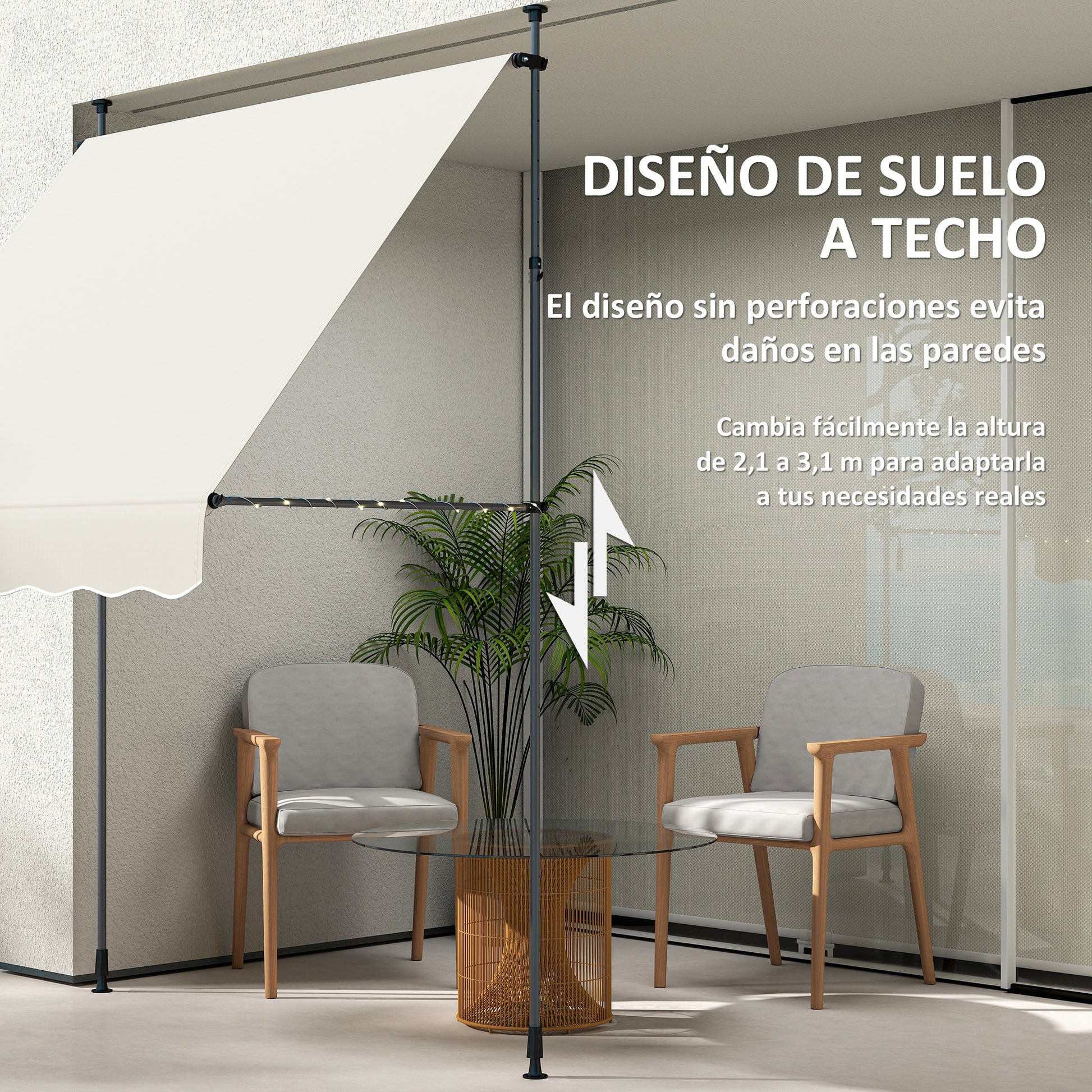 Outsunny Toldo Manual Retráctil 2x1,2 m Toldo Exterior Terraza Enrollable Altura Ajustable con Manivela 210-310 cm Protección UV30+ Sin Taladro para Jardín Balcón Patio Crema