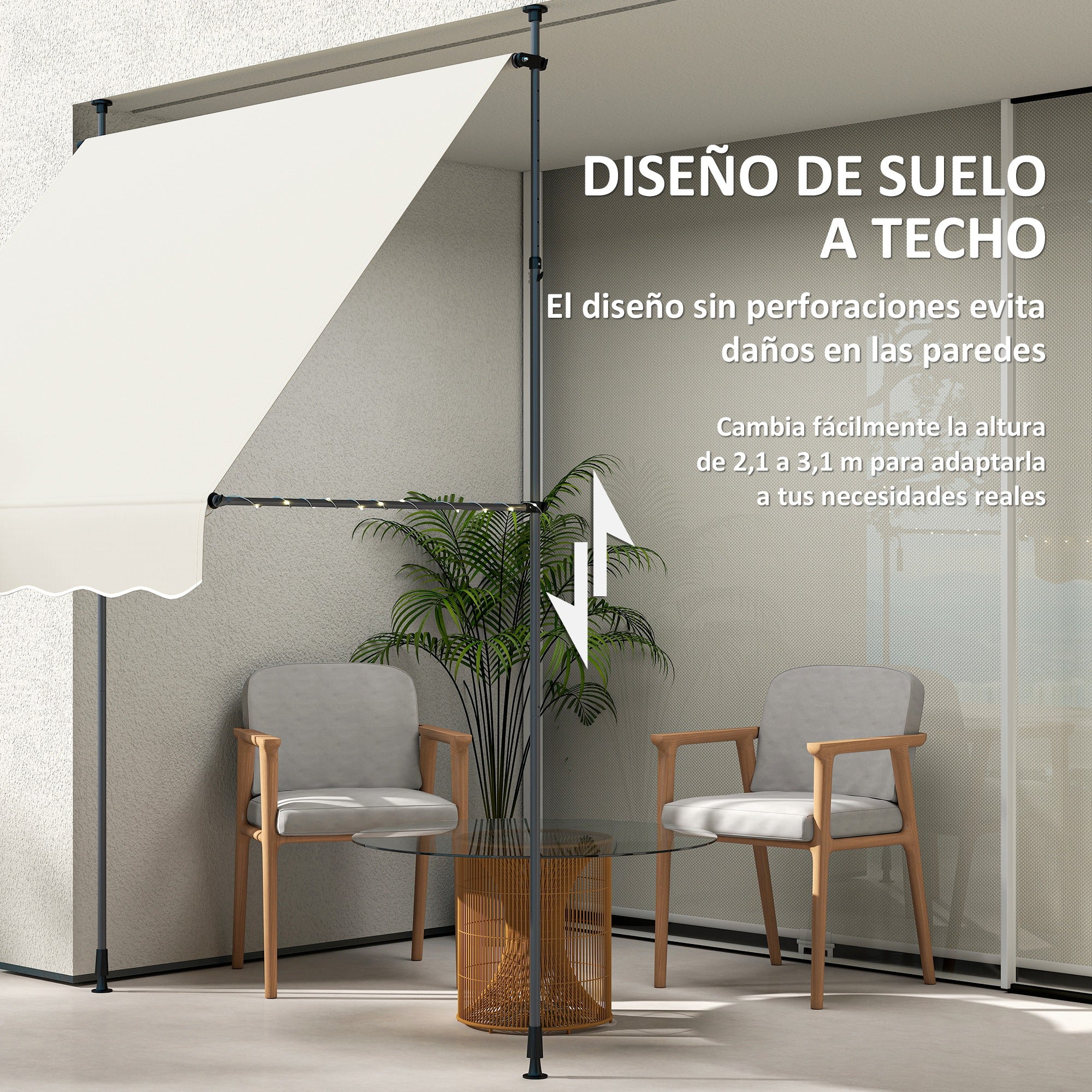 Outsunny Toldo Manual Retráctil 2x1,2 m Toldo Exterior Terraza Enrollable Altura Ajustable con Manivela 210-310 cm Protección UV30+ Sin Taladro para Jardín Balcón Patio Crema