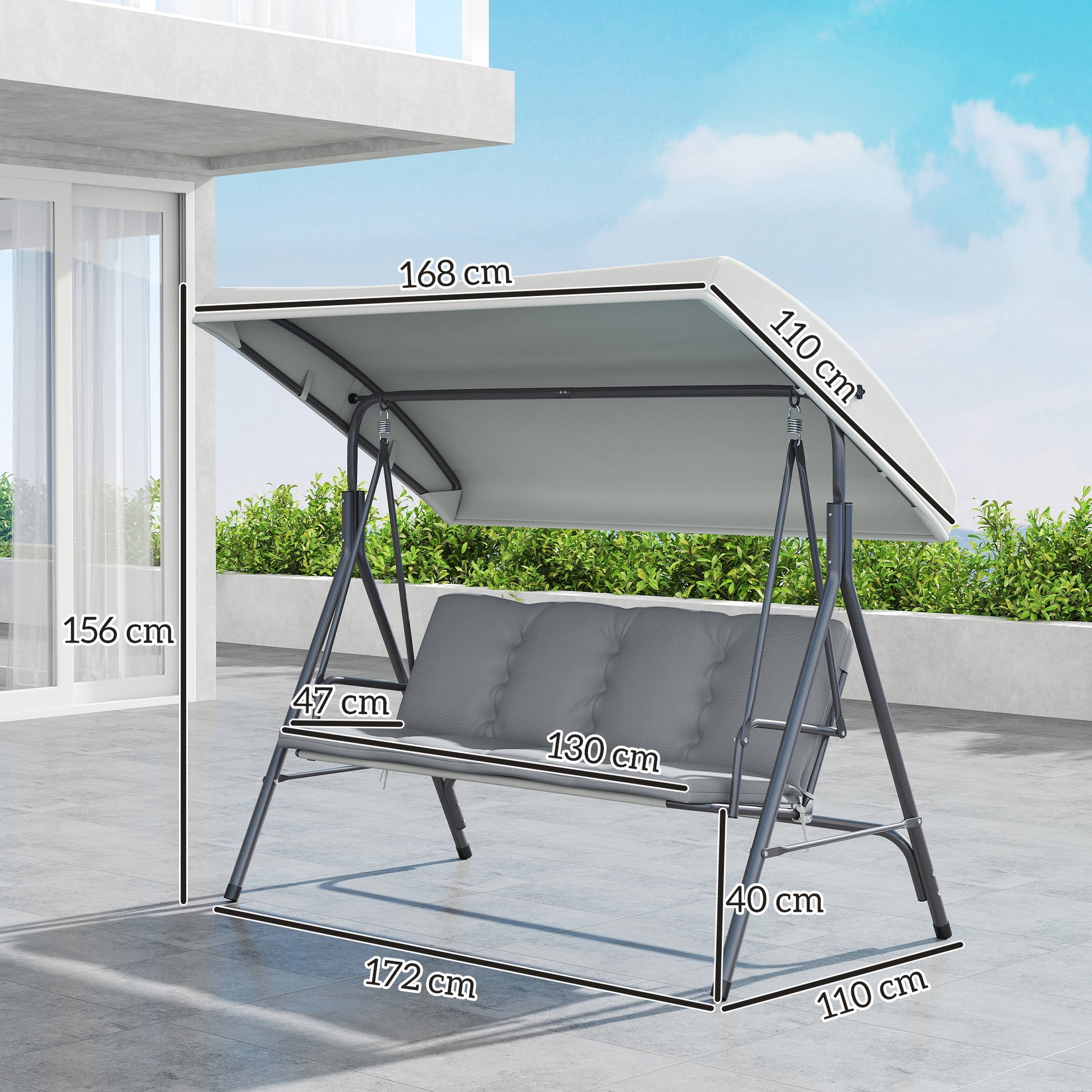 Outsunny Columpio de Jardín Exterior de 3 Plazas, Balancín de Jardín Exterior con Techo Ajustable y Marco de Acero, para Balcón, Terraza, Patio, Carga 210 kg, 172x110x156 cm, Gris Claro