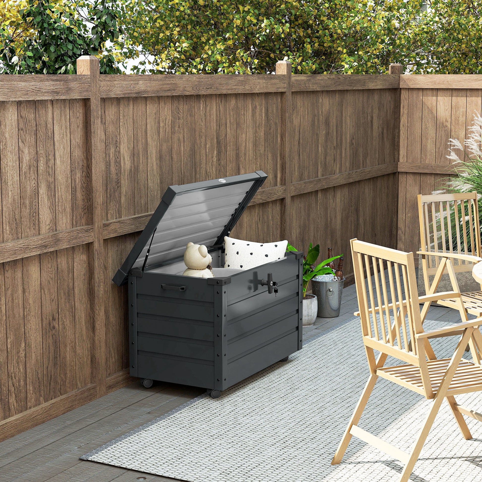Outsunny Arcón Exterior Capacidad 295L, Baúl de Almacenaje de Acero Galvanizado con 4 Ruedas, 2 Asas y Tapa con Cerradura, Impermeable, para Jardín, Terraza, Patio, 100x62x65 cm, Gris Oscuro
